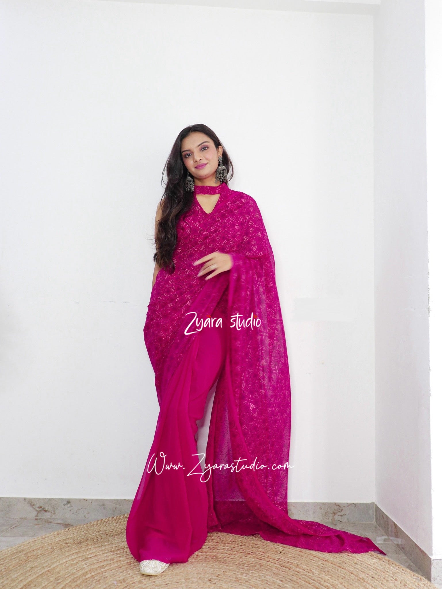 1-min ready to wear fox georgette bhandhani design saree with unstitch blouse. DRASHTI BHANDHANI PINK