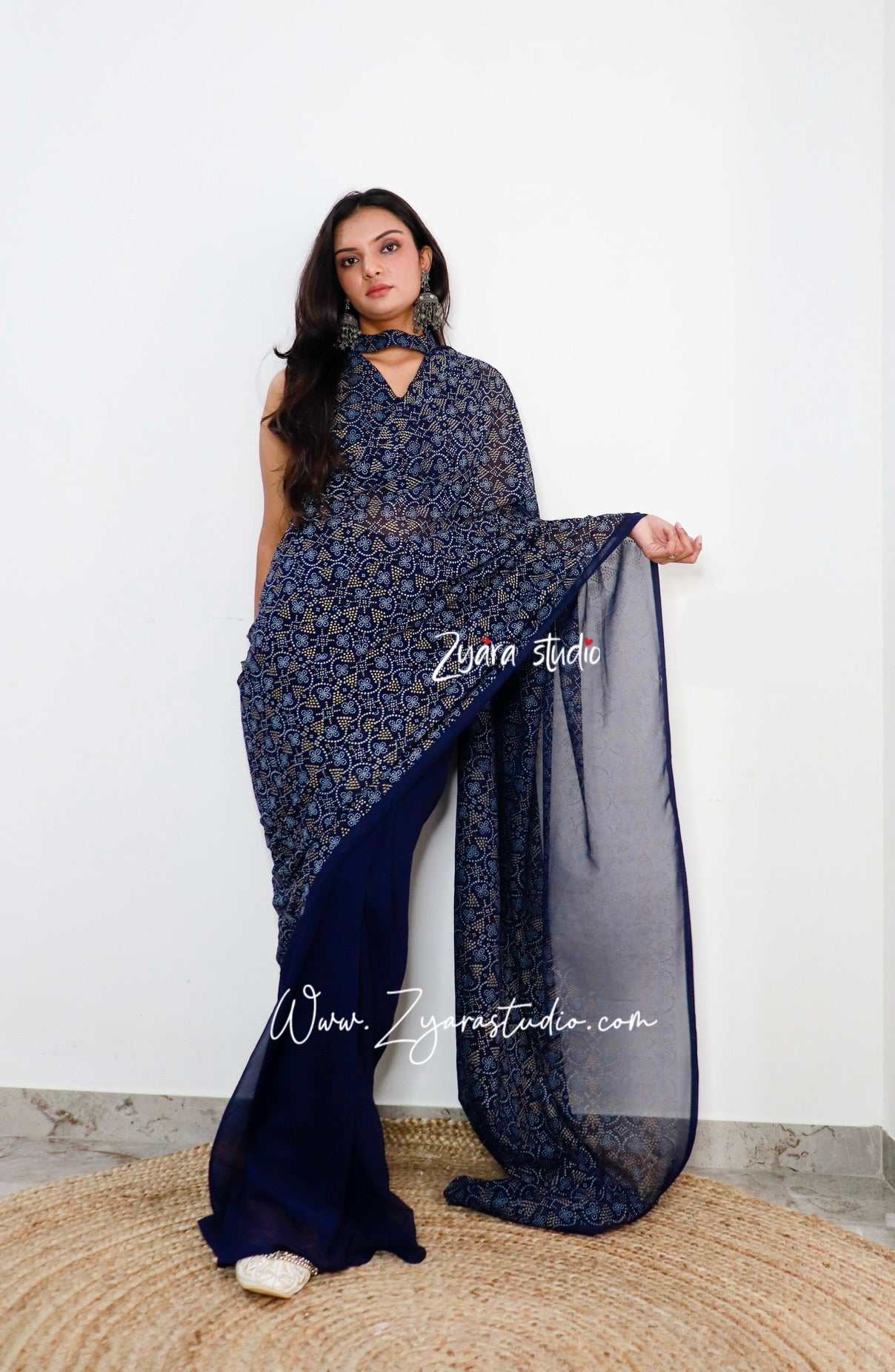 1-min ready to wear fox georgette bhandhani design saree with unstitch blouse.  DRASHTI BHANDHANI BLUE