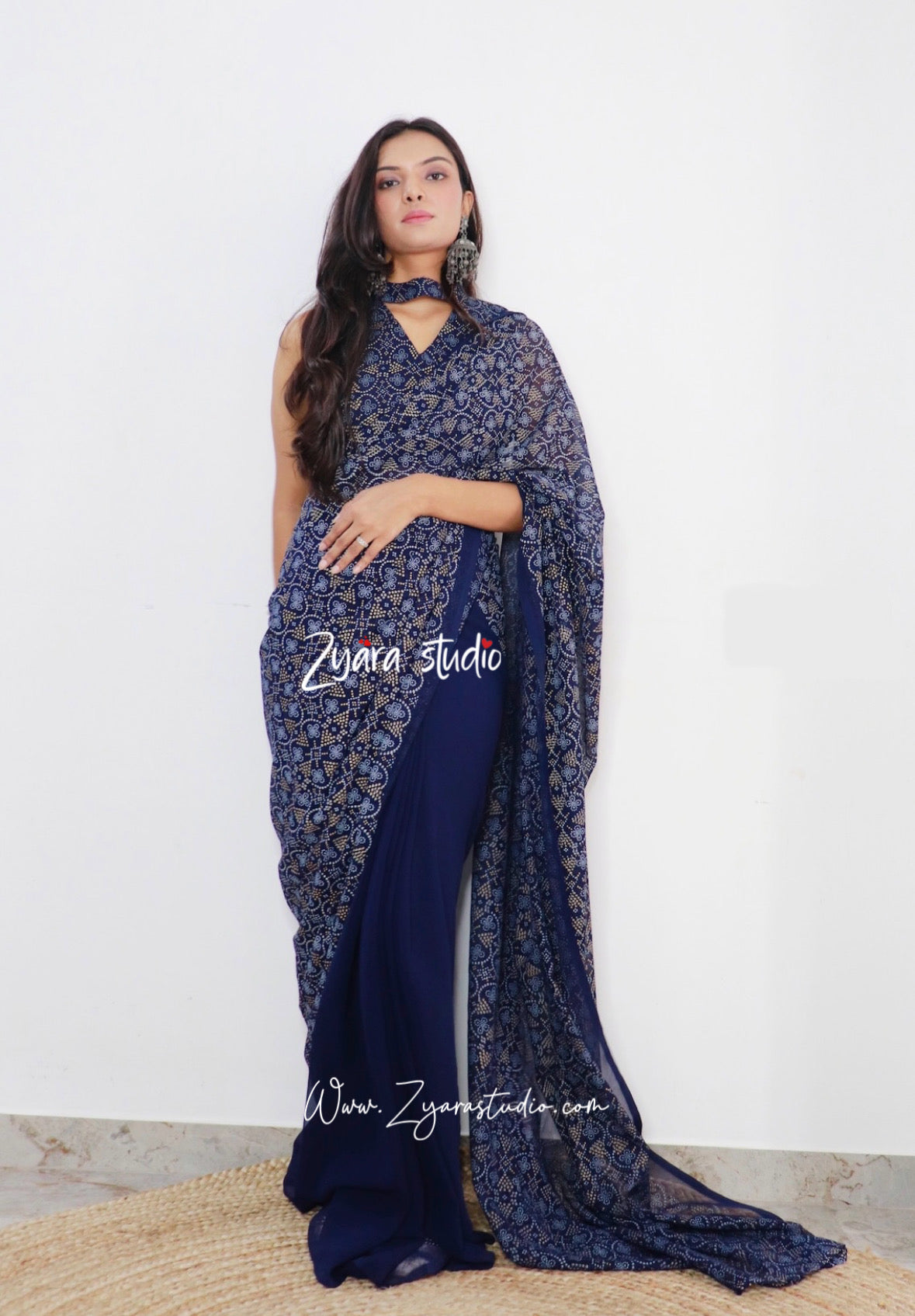 1-min ready to wear fox georgette bhandhani design saree with unstitch blouse.  DRASHTI BHANDHANI BLUE