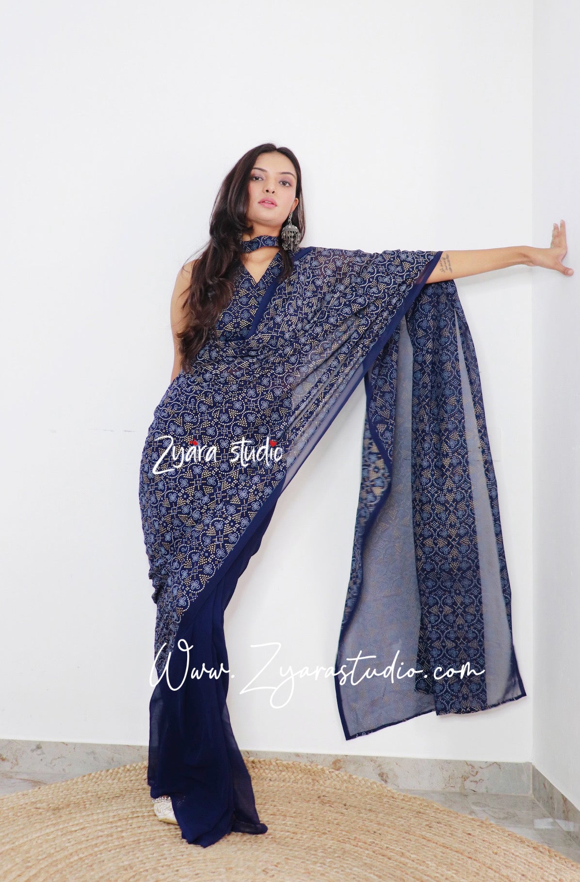 1-min ready to wear fox georgette bhandhani design saree with unstitch blouse.  DRASHTI BHANDHANI BLUE