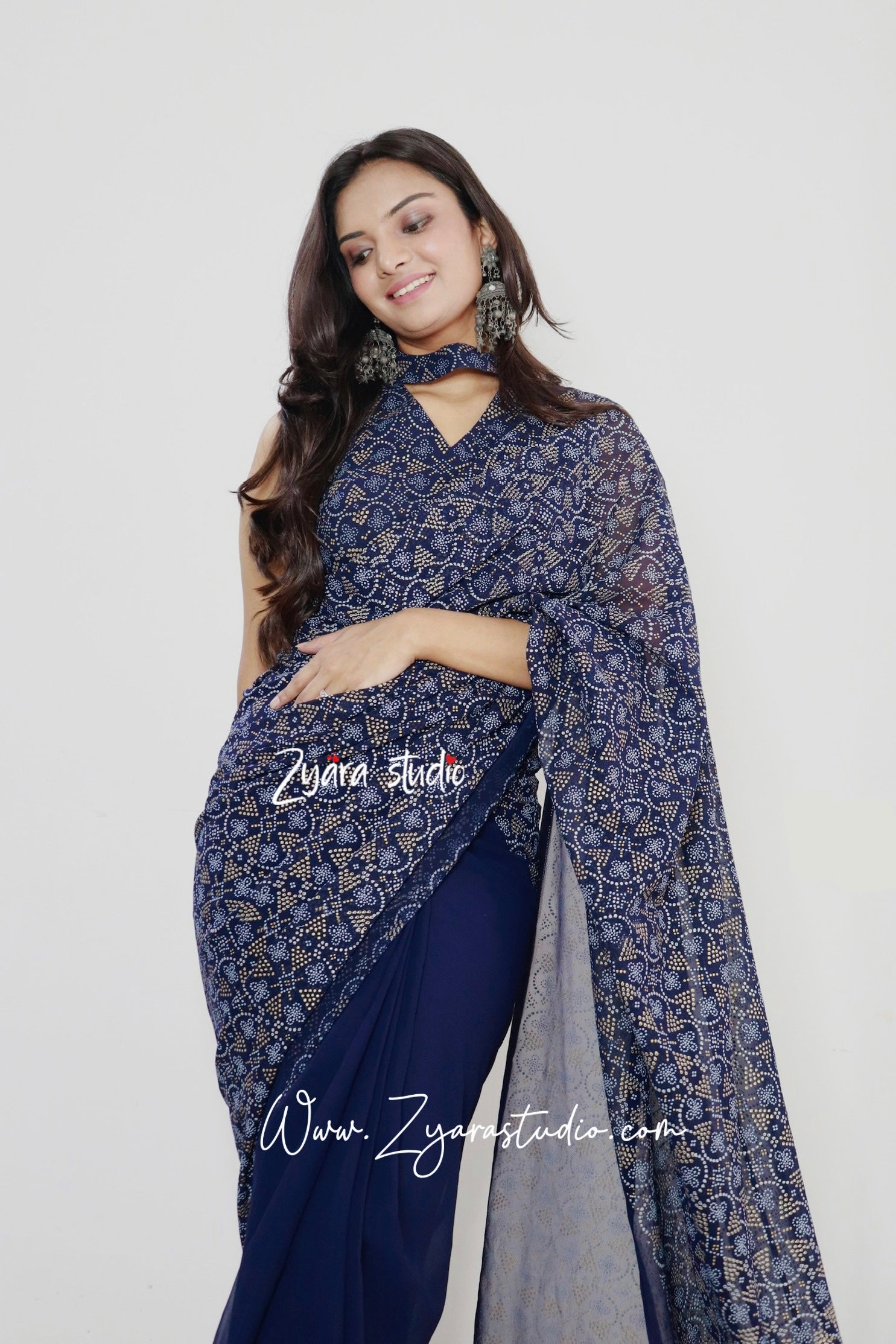 1-min ready to wear fox georgette bhandhani design saree with unstitch blouse.  DRASHTI BHANDHANI BLUE