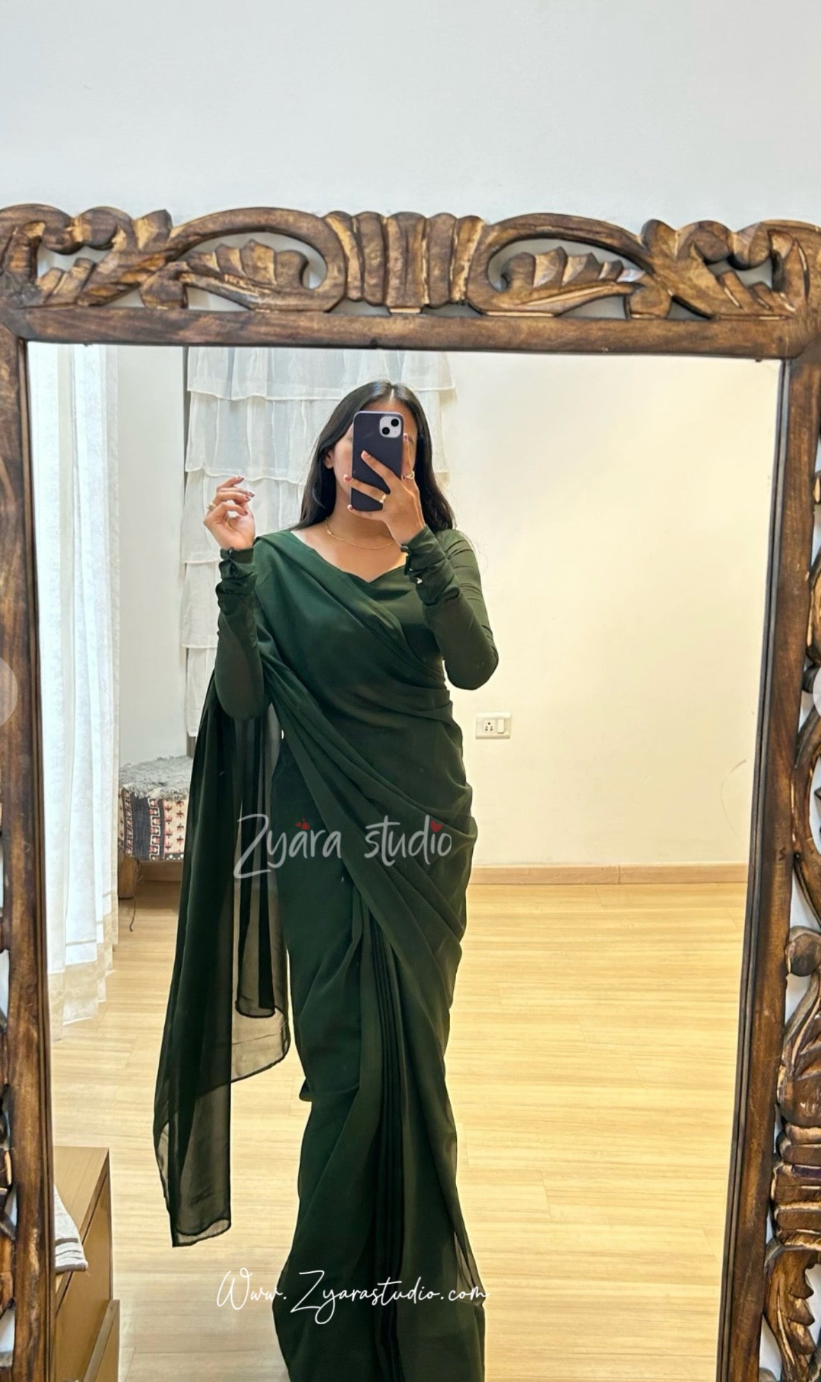 Rubi green - 1-min ready to wear premium fox georgette saree with unstitch blouse. FOX BOTTON GREEN