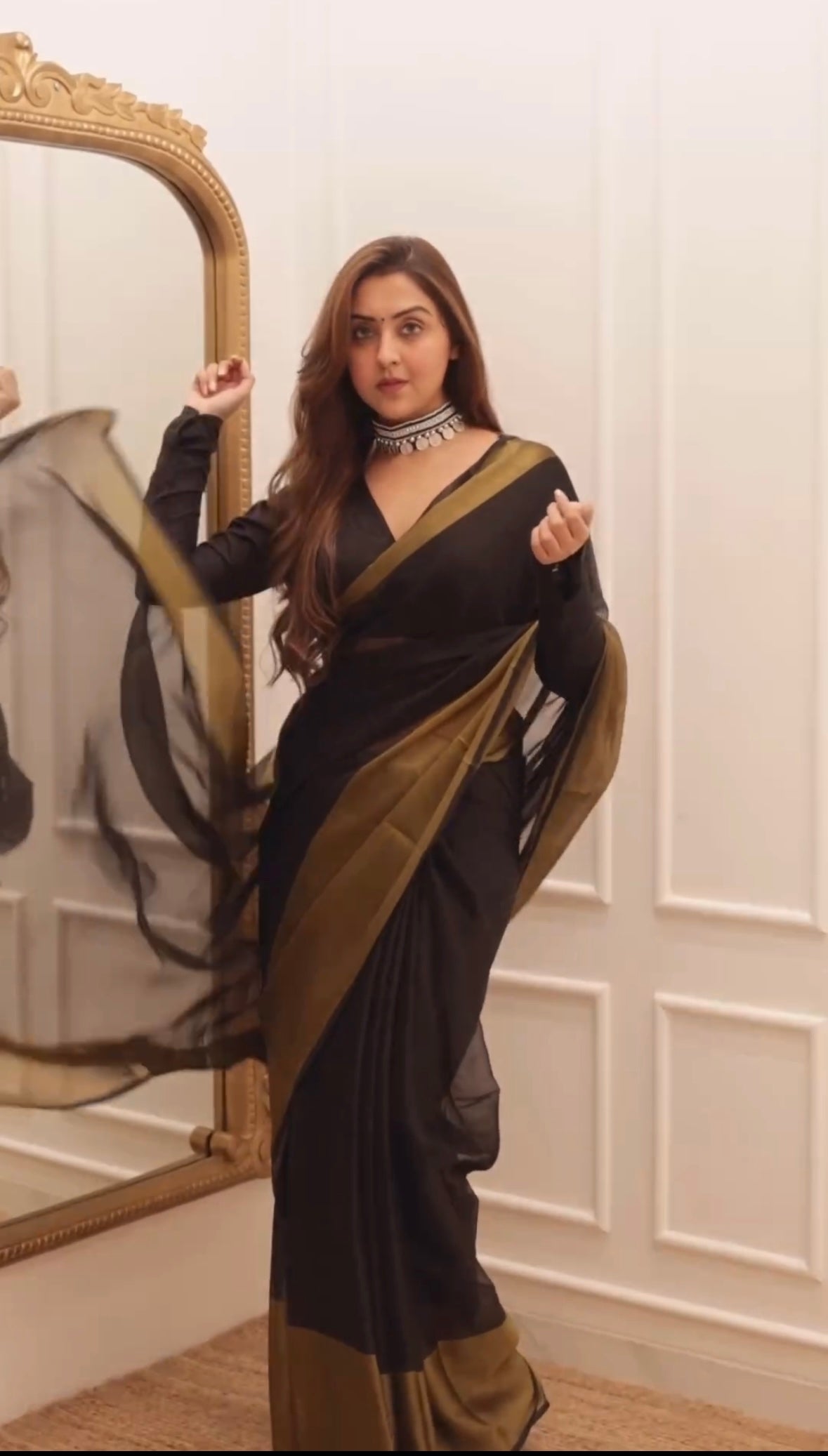 1-Min Ready to Wear Chiffon Gold Zari Patta Saree with Unstitched Blouse - 2070 BLACK