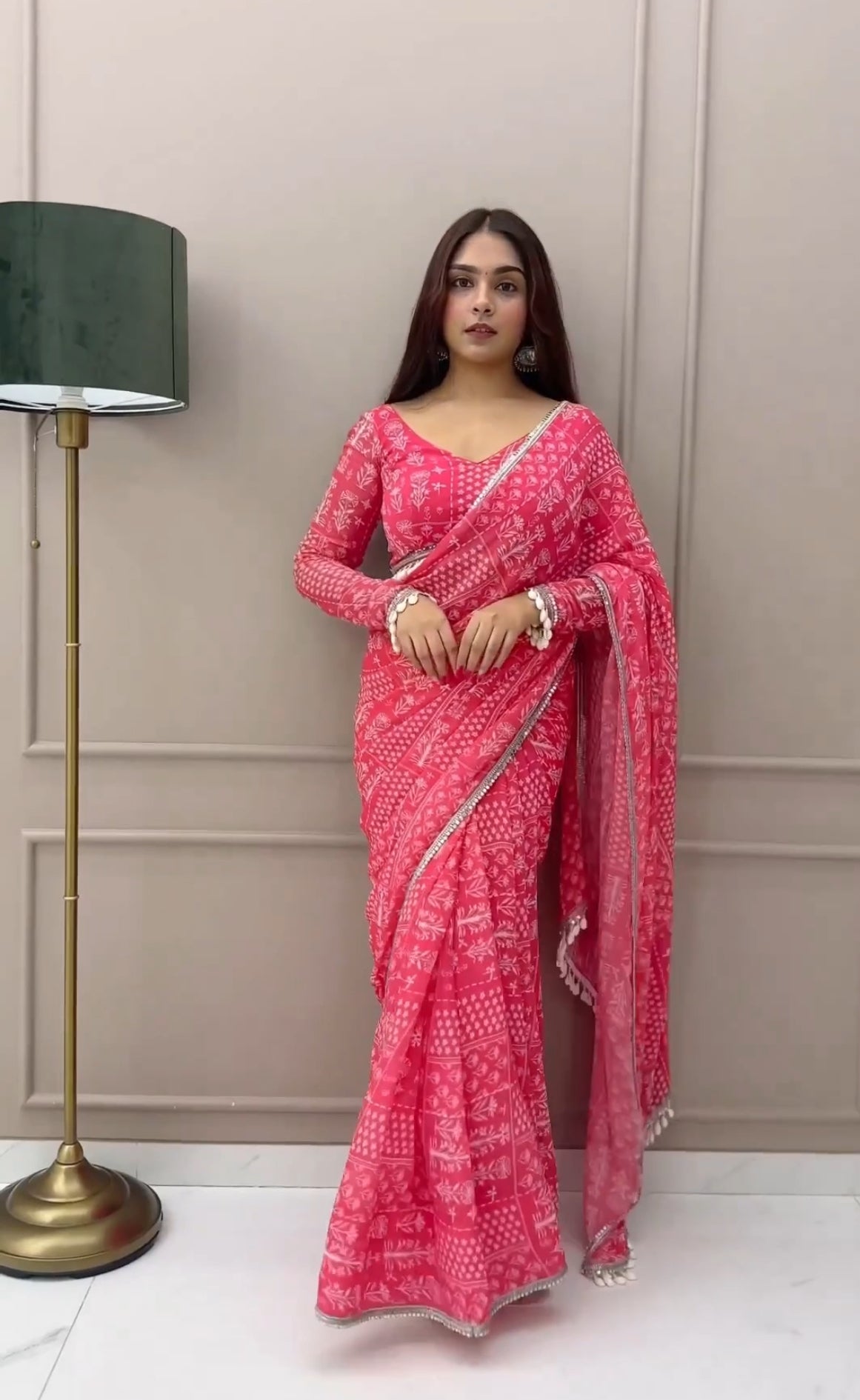 Afrin Pink - 1 min ready to wear fox georgette digital print saree with unstitch blouse. Afrin Pink