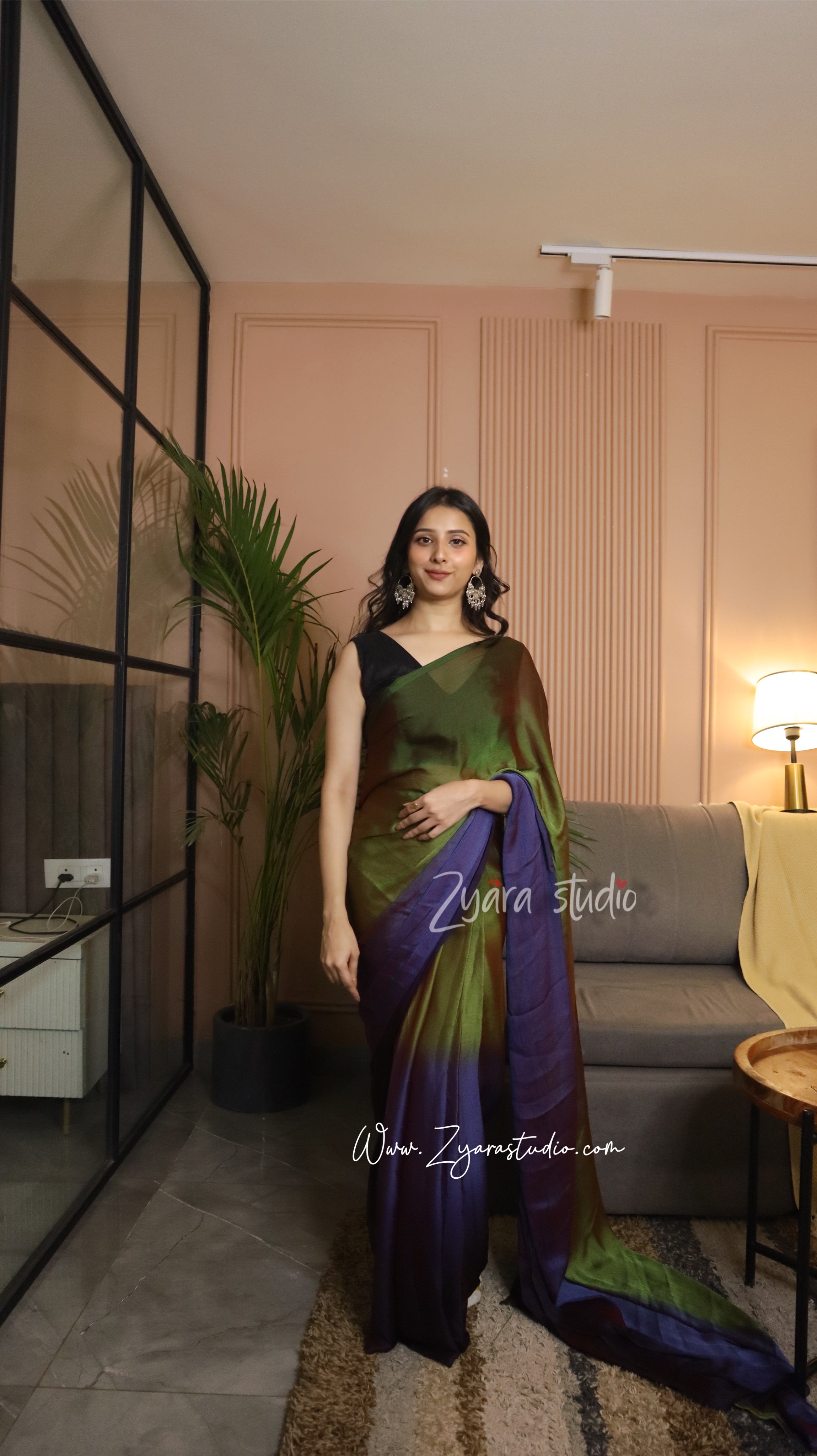 1-min ready to wear soft nylon 3d padding saree with unstitch blouse. Avocado