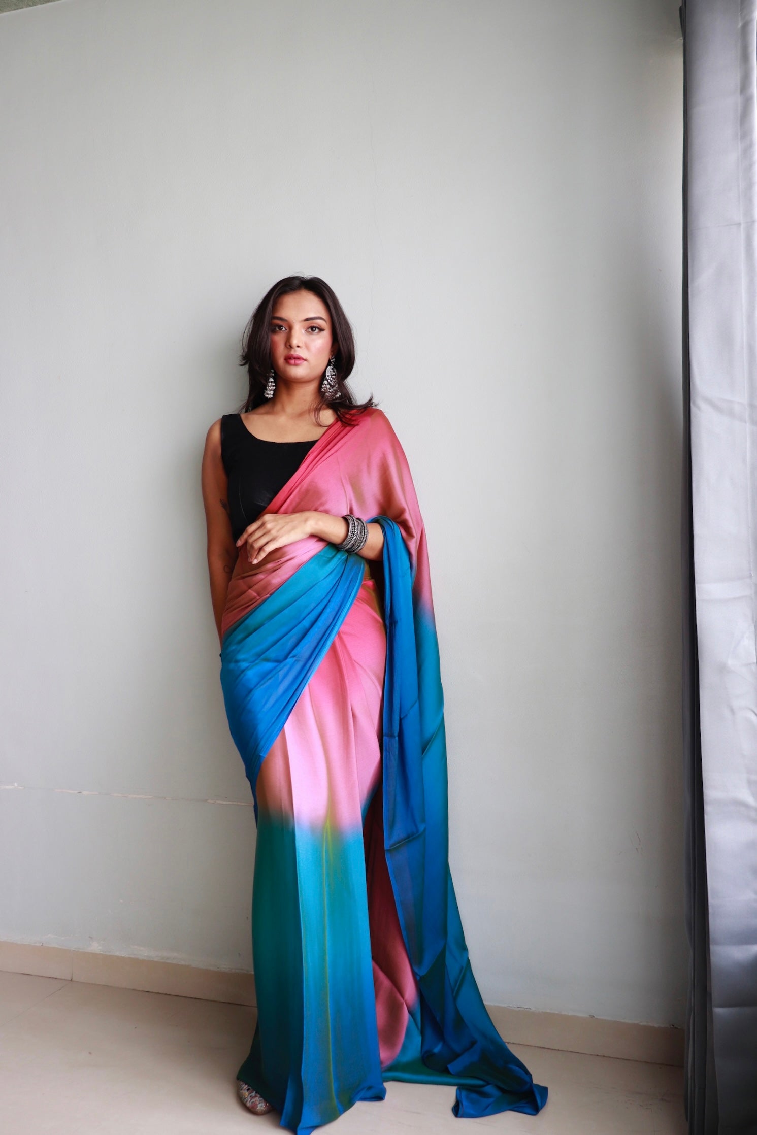 1-Min Ready to Wear Soft Nylon 3D Padding Saree with Unstitched Blouse - Peacock Pallavi