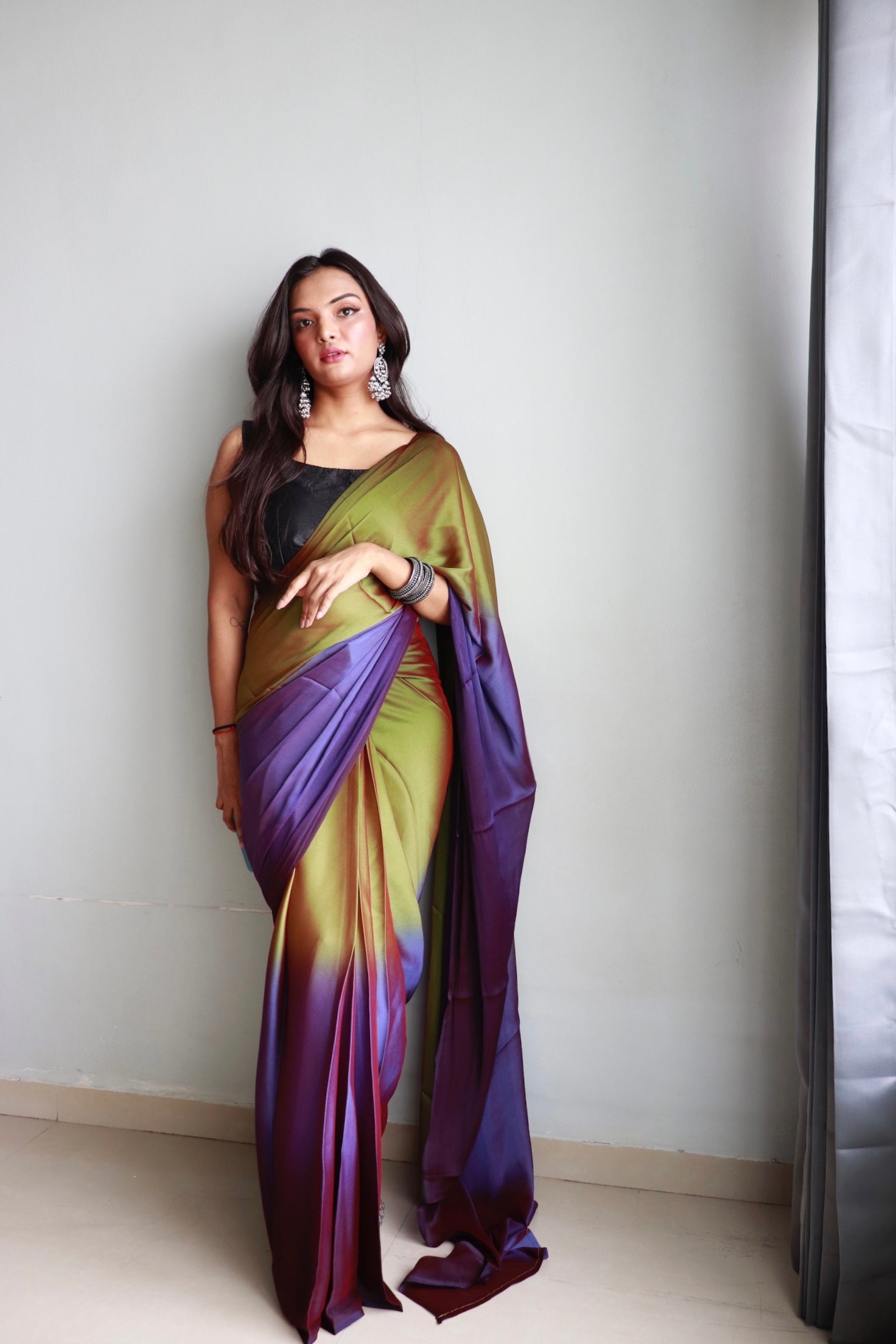 1-Min Ready to Wear Soft Nylon 3D Padding Saree with Unstitched Blouse - Avocado Pallavi