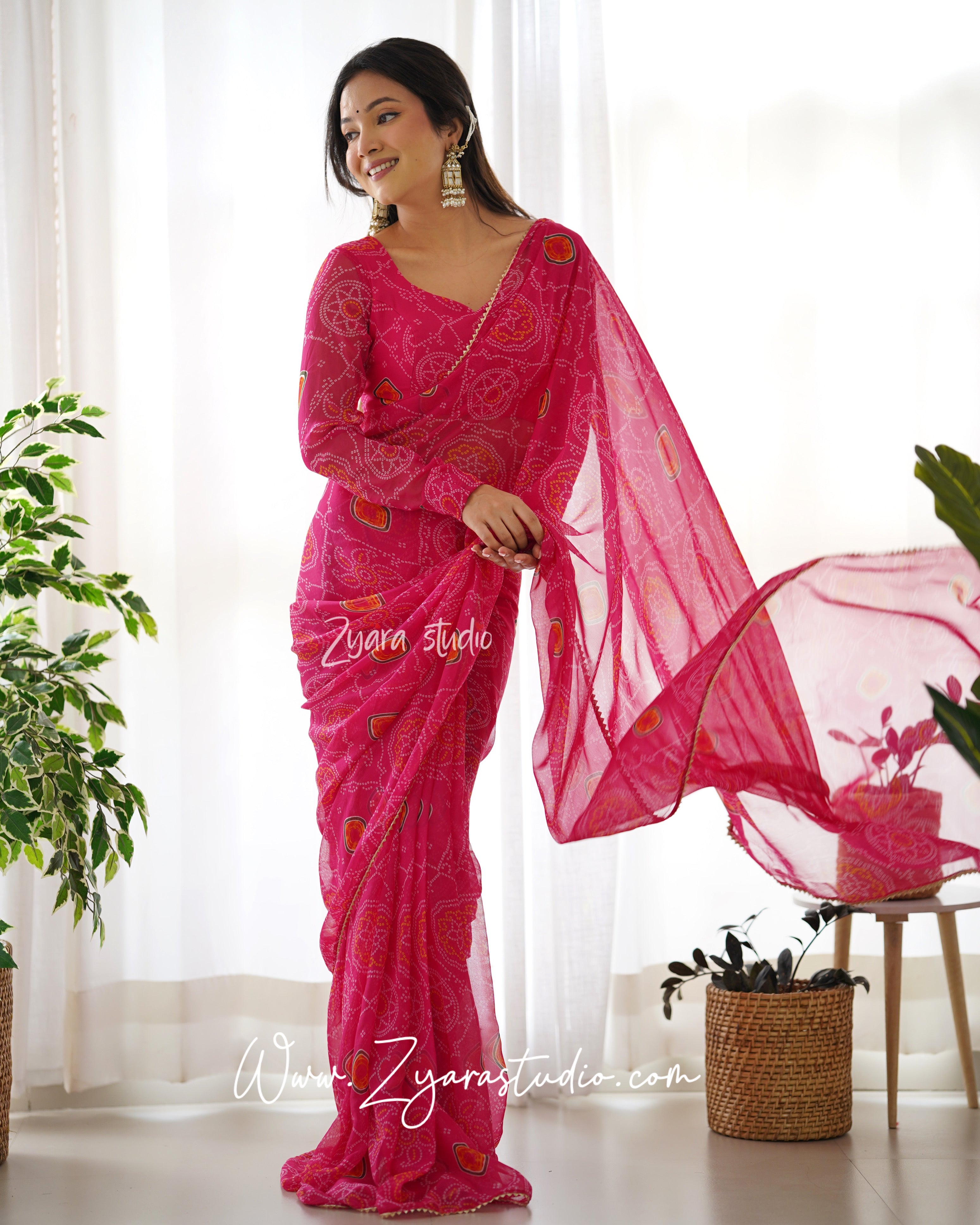 Arti Pink - 1 min ready to wear fox georgette Bandhani design digital print saree with unstitch blouse - ARTI PINK