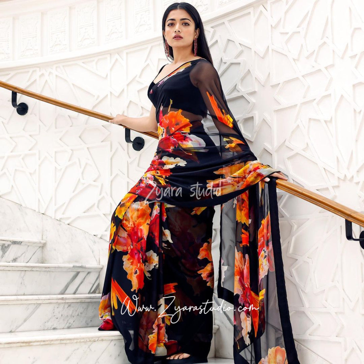 1-Min ready to wear fox georgette floral digital print saree with unstitch blouse. RASHMI BLACK