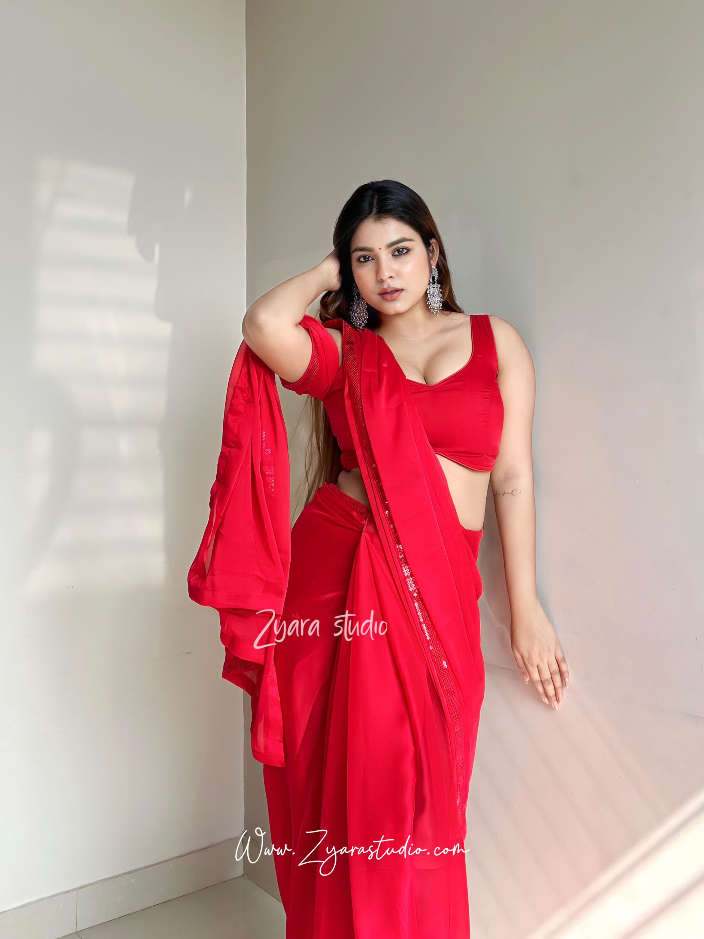 1-Min Ready to Wear Red Rangoli Saree with Sequins Work Border and Unstitched Blouse - ZARA RED