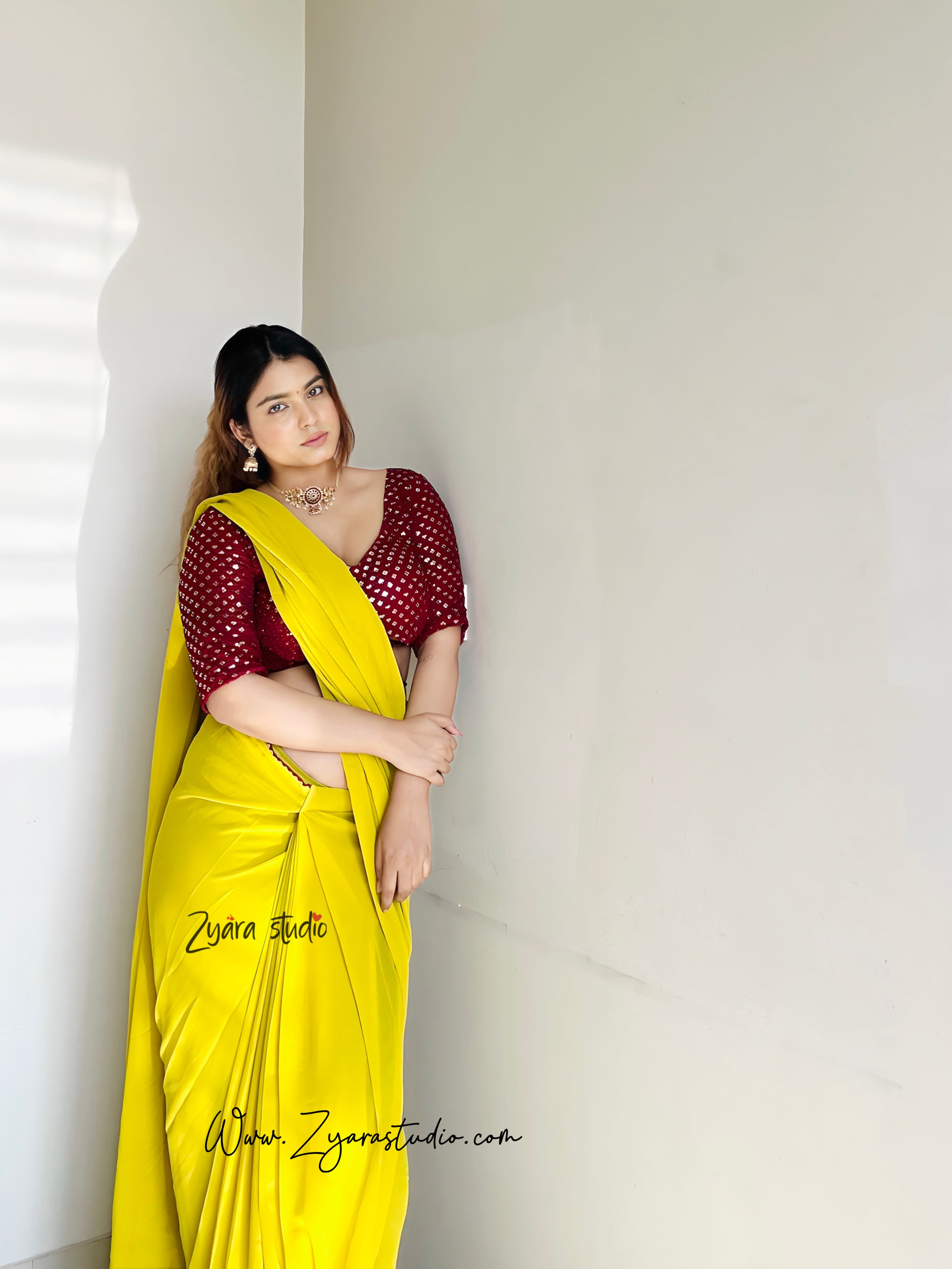 1-min ready to wear fox georgette samosa lase saree with unstitch 3mm sequence design blouse.  KANAK YELLOW