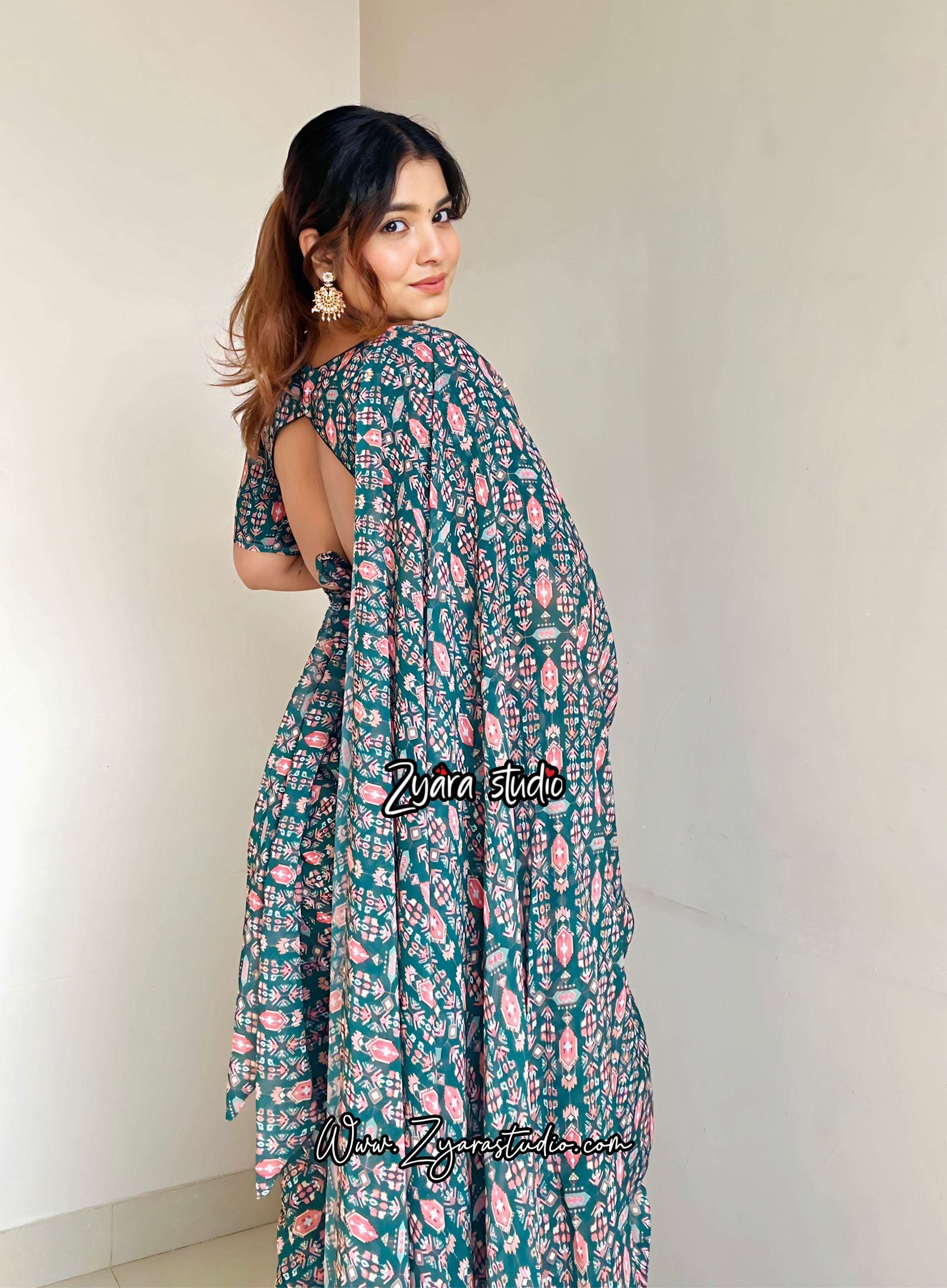 1-min ready to wear fox georgette digital print saree with unstitch blouse.  MINA GREEN