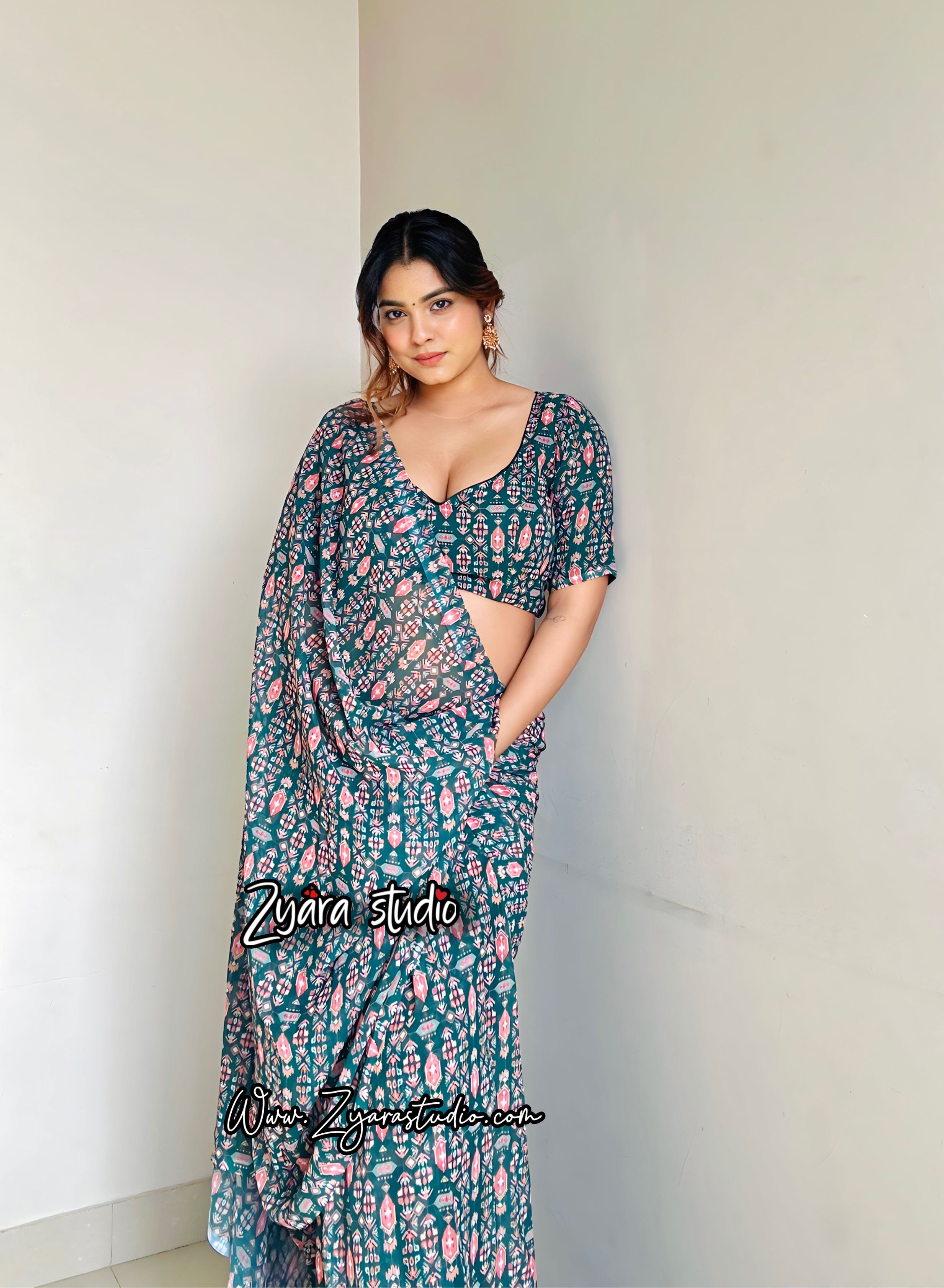 1-min ready to wear fox georgette digital print saree with unstitch blouse.  MINA GREEN