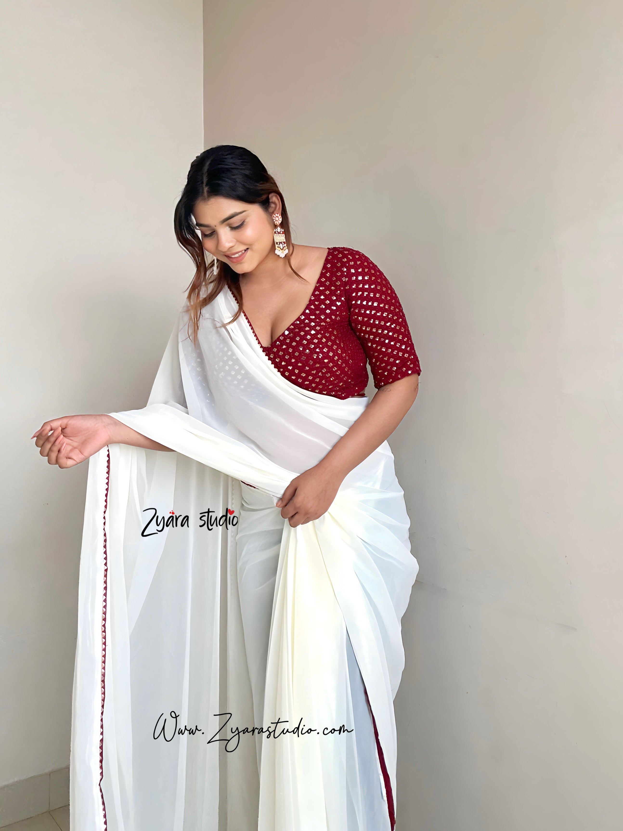 1-min ready to wear fox georgette samosa lase saree with unstitch 3mm sequence design blouse.  kANAK WHITE