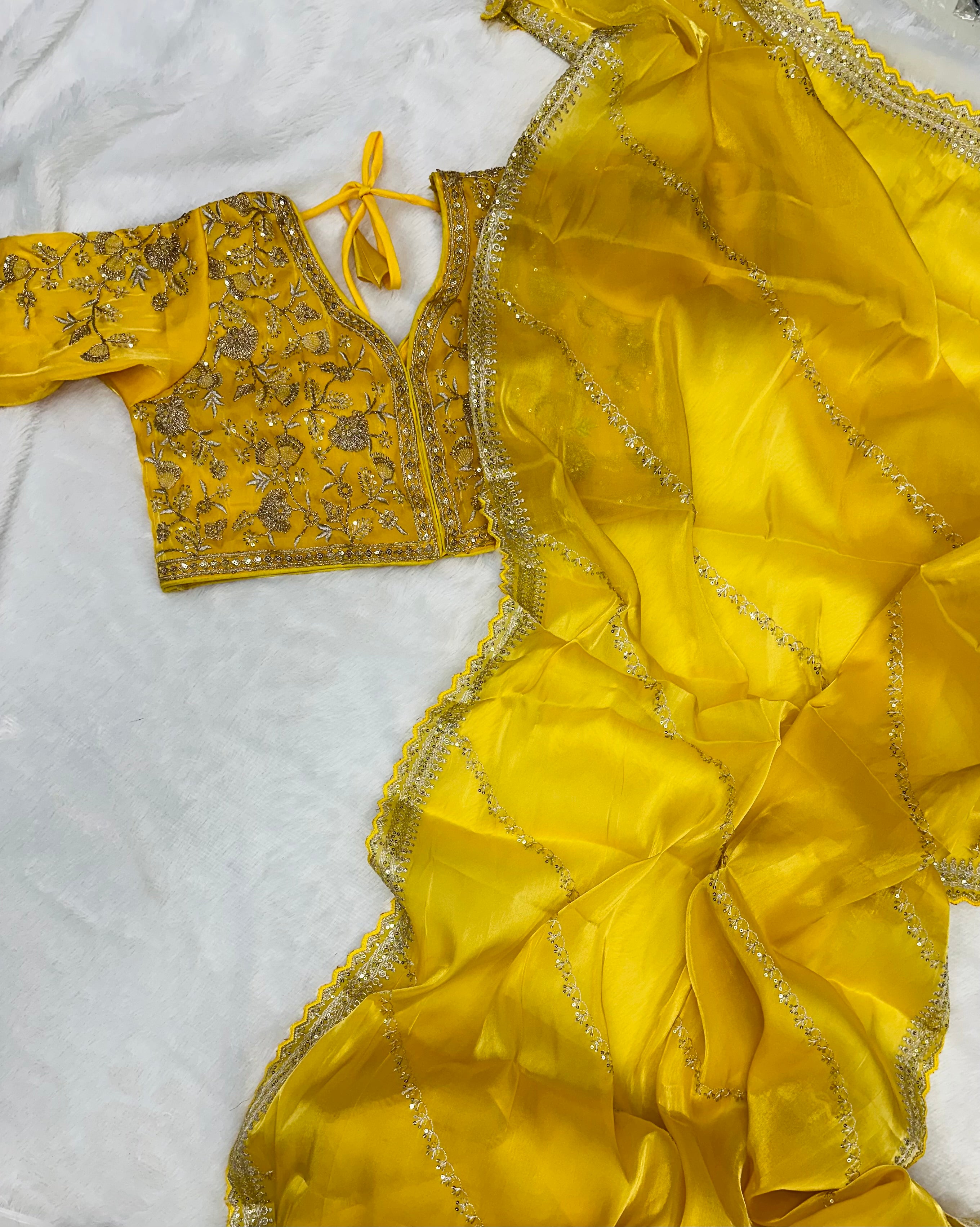 Jimmy Yellow - Most Beautiful Saree in Jimmy Choo Silk Fabric with Sequence Embroidery Work Saree