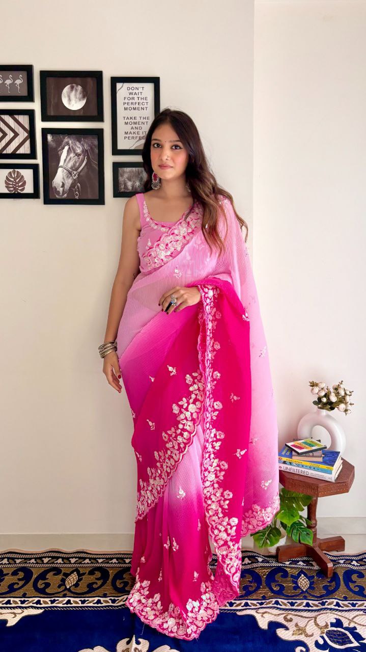 Kajol Crush - Most Beautiful Saree in Georgette with Crush Pattern Fabric & Sequence Embroidery Work Saree