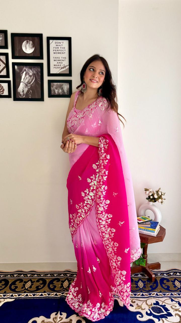 Kajol Crush - Most Beautiful Saree in Georgette with Crush Pattern Fabric & Sequence Embroidery Work Saree