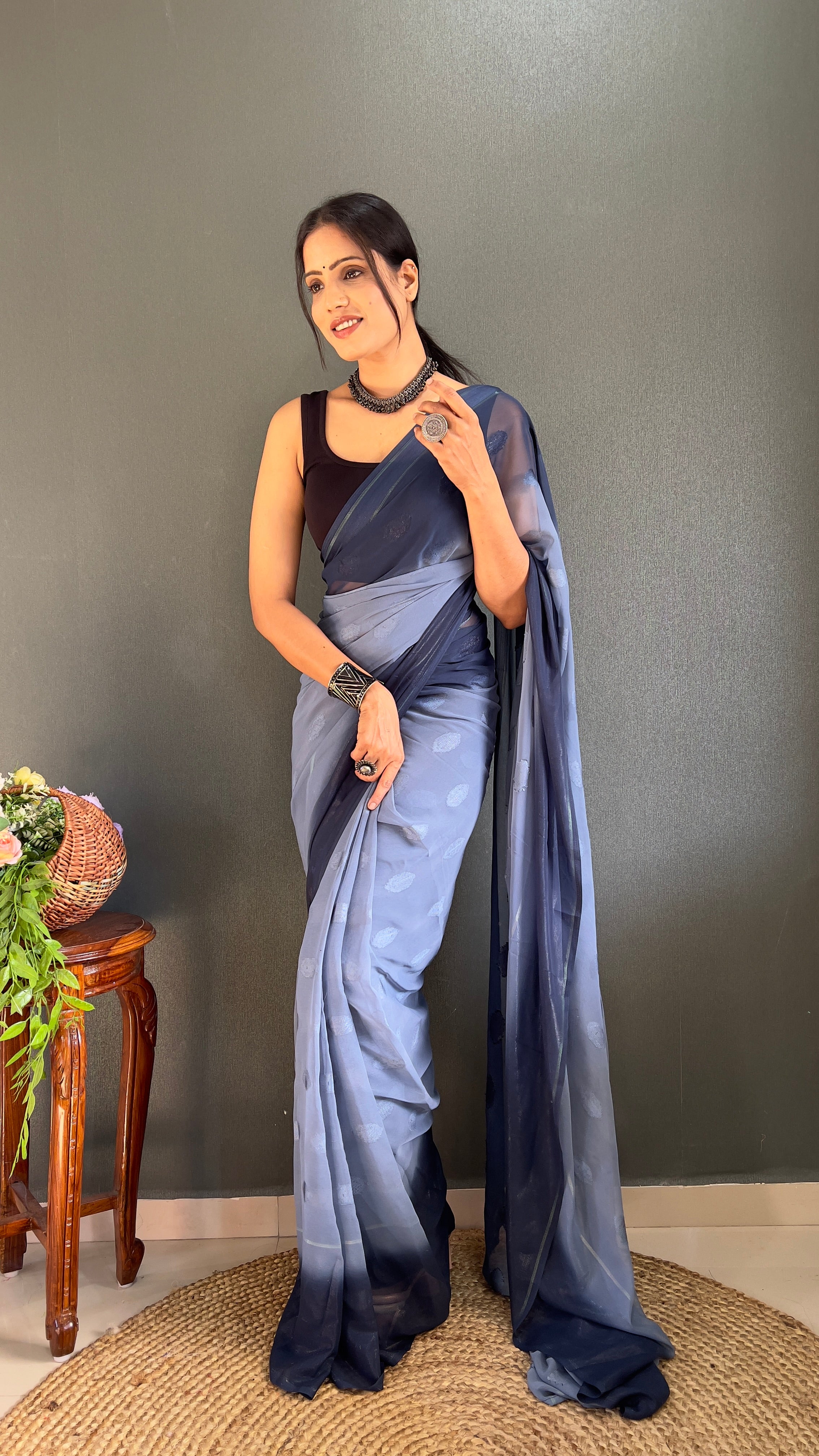 1 Min simmer butta design blue saree with unstiched blouse