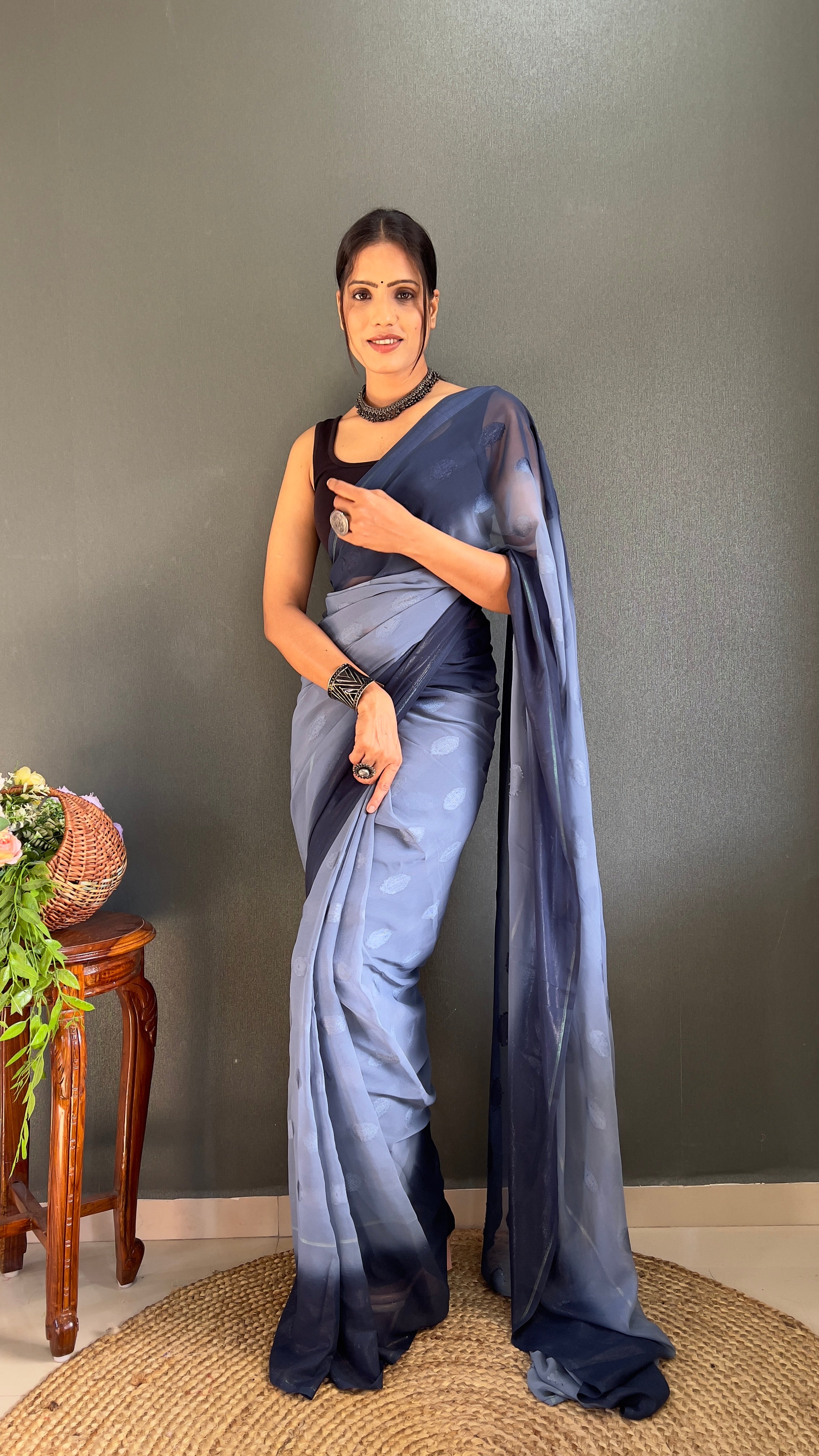 1 Min simmer butta design blue saree with unstiched blouse