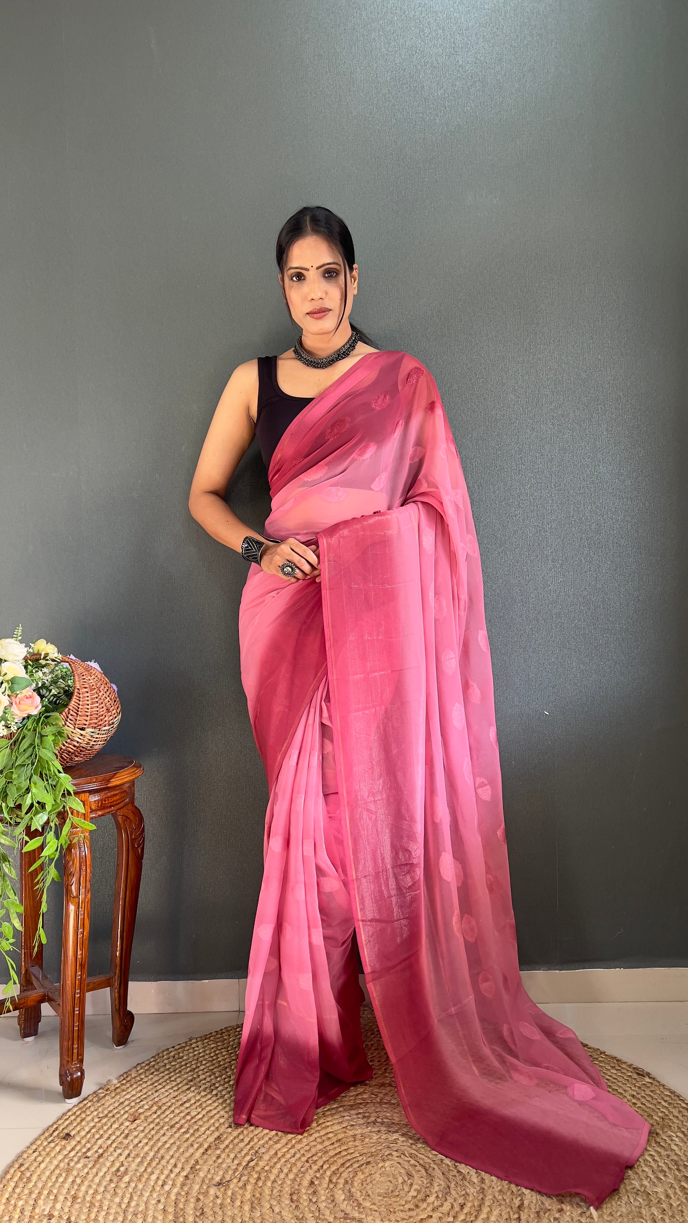 1 Min simmer butta design pink saree with unstiched blouse