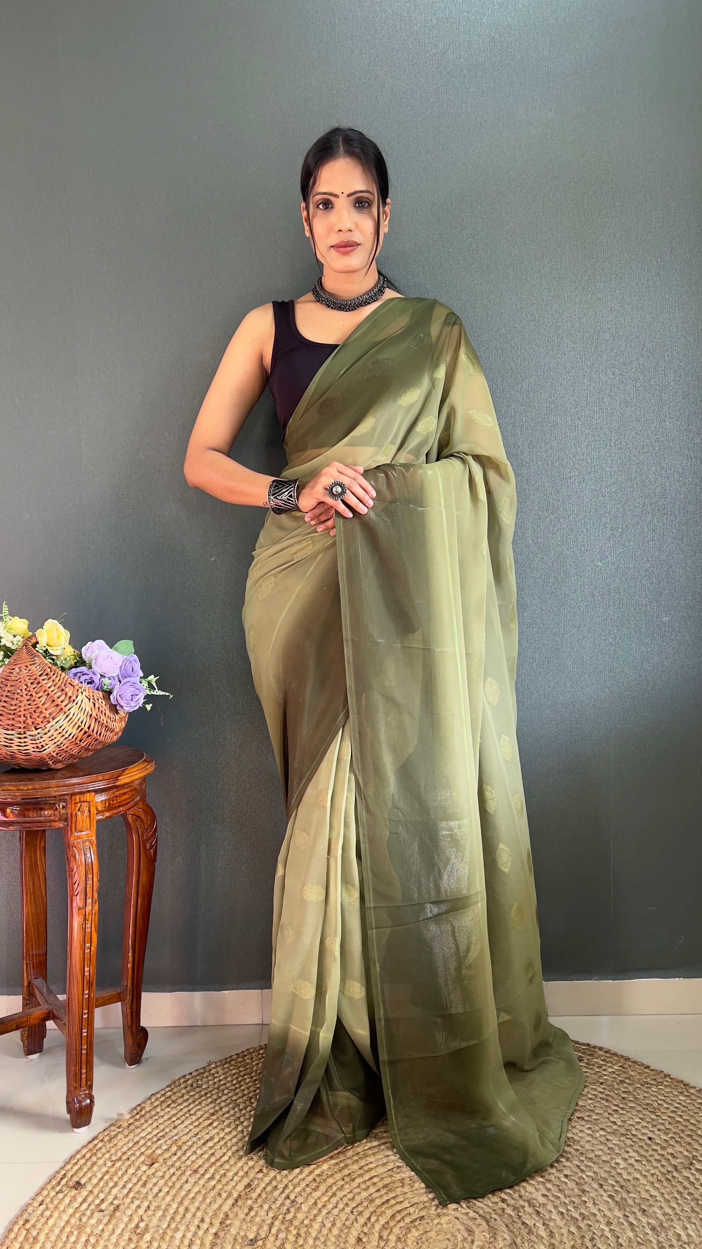 Pooja : 1 Min Ready to Wear Simmer Butta Fabric Olive Saree