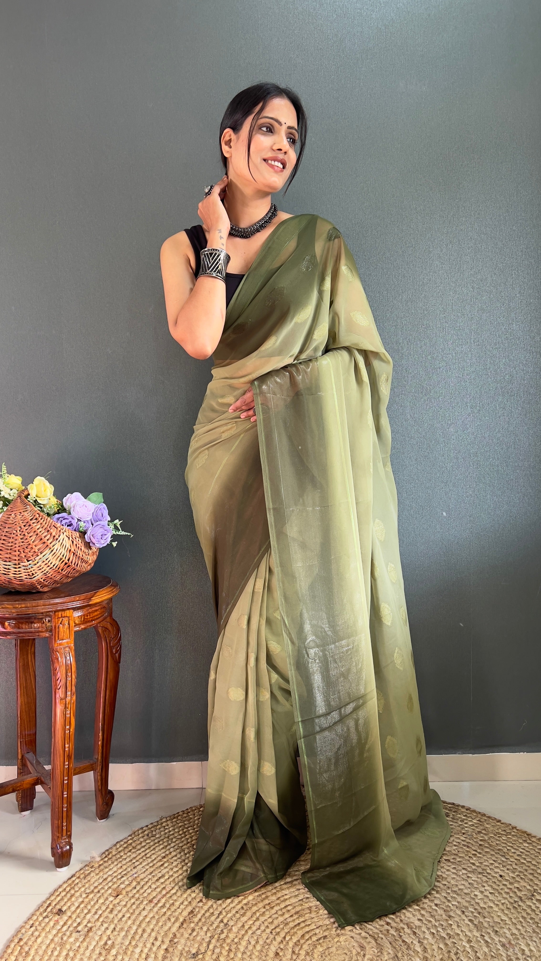 Pooja : 1 Min Ready to Wear Simmer Butta Fabric Olive Saree