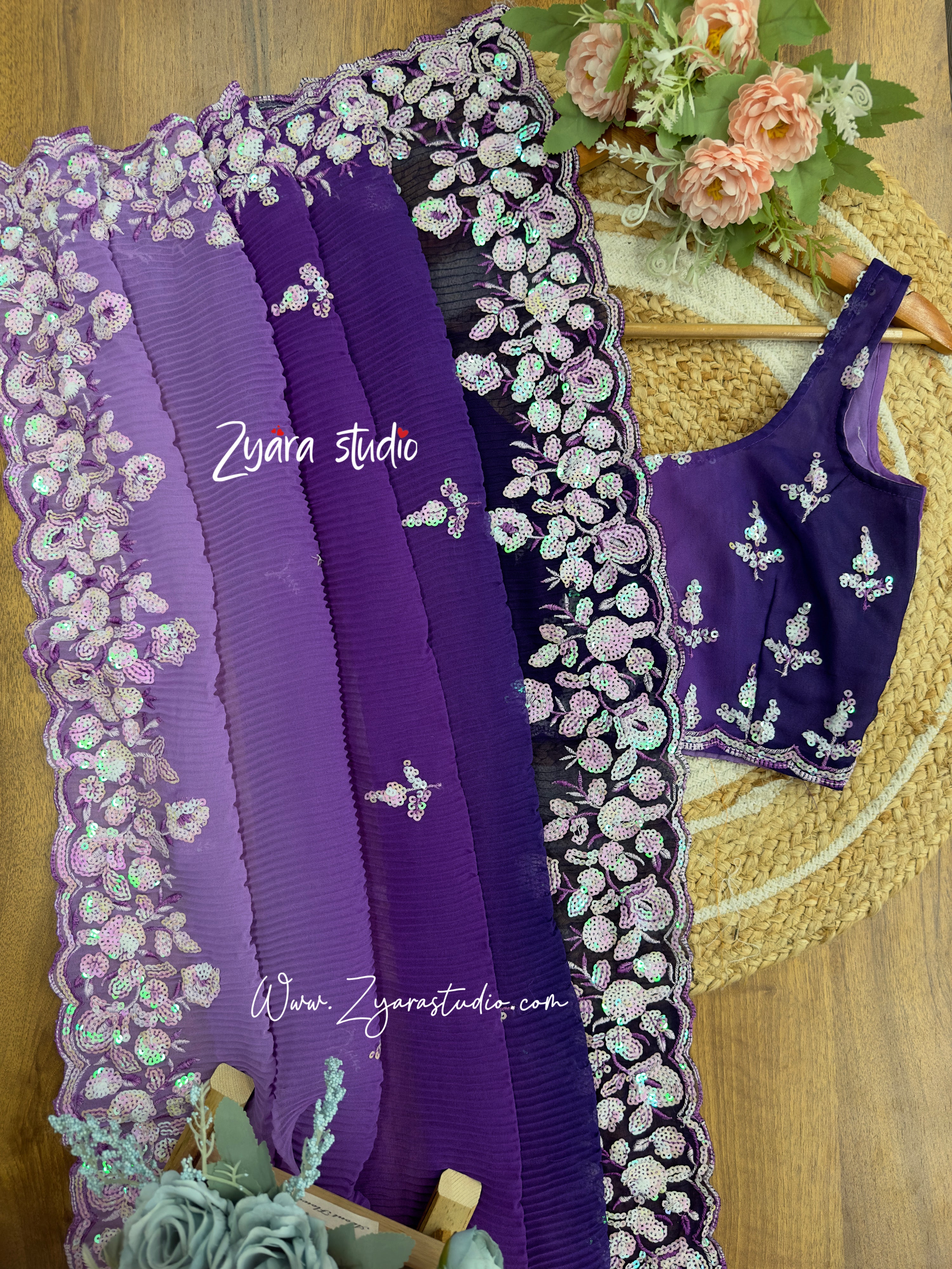 purple crush -Most Beautiful Collection In georgette with crush pattern Fabric With Sequence Embroidery Work Saree  purple CRUSH