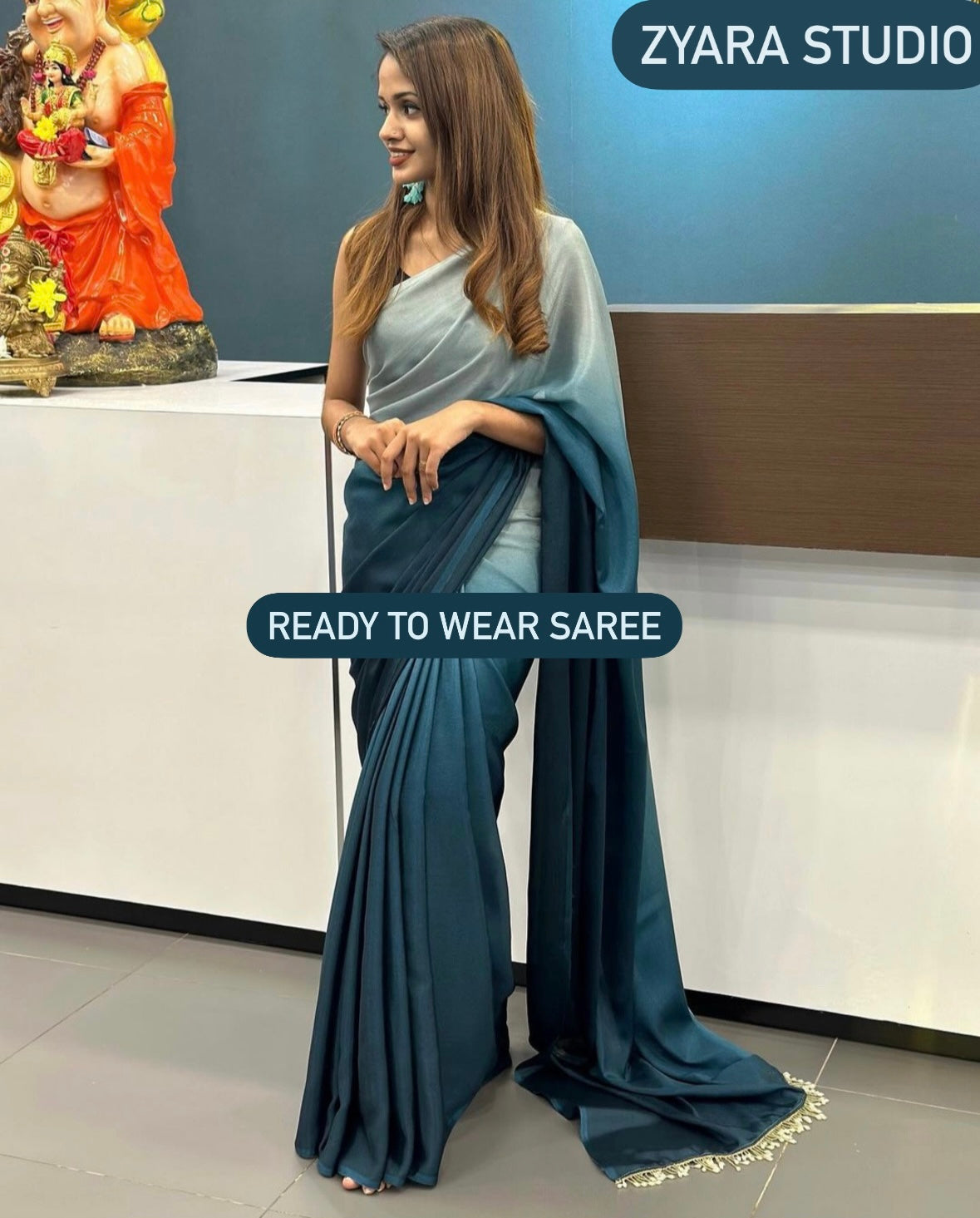 1-min ready to wear  Hedge Ombré deep blue  georgette Silk Saree with Handmade Tassels on Pallu