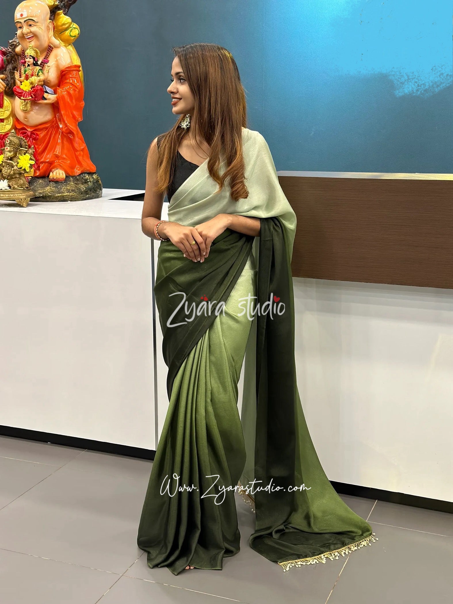 1-min ready to wear green Hedge Ombré georgette Silk Saree with Handmade Tassels on Pallu