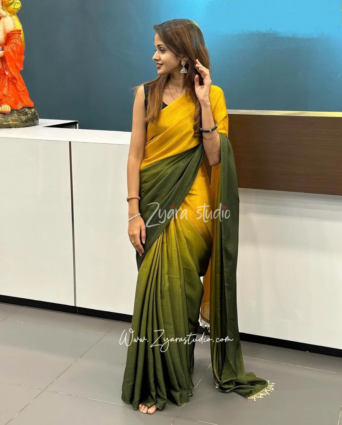 1-min ready to wear  Hedge Ombré yellow green georgette Silk Saree with Handmade Tassels on Pallu