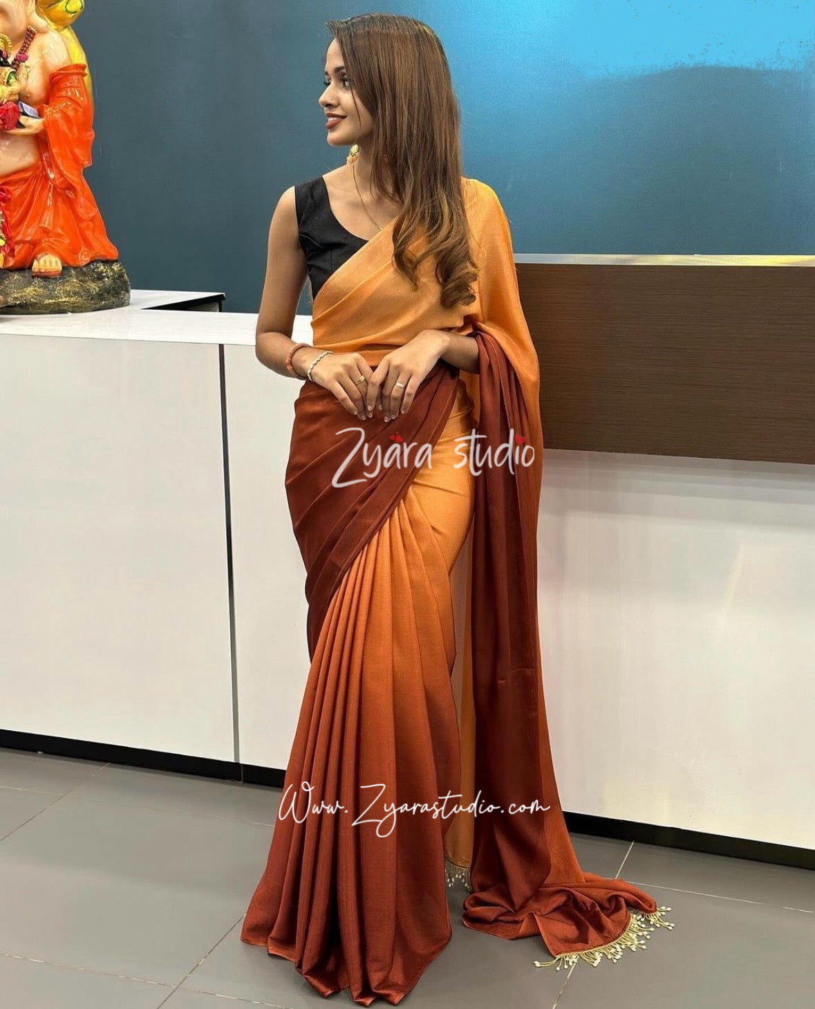 1-min ready to wear  Hedge Ombré orange shades georgette Silk Saree with Handmade Tassels on Pallu