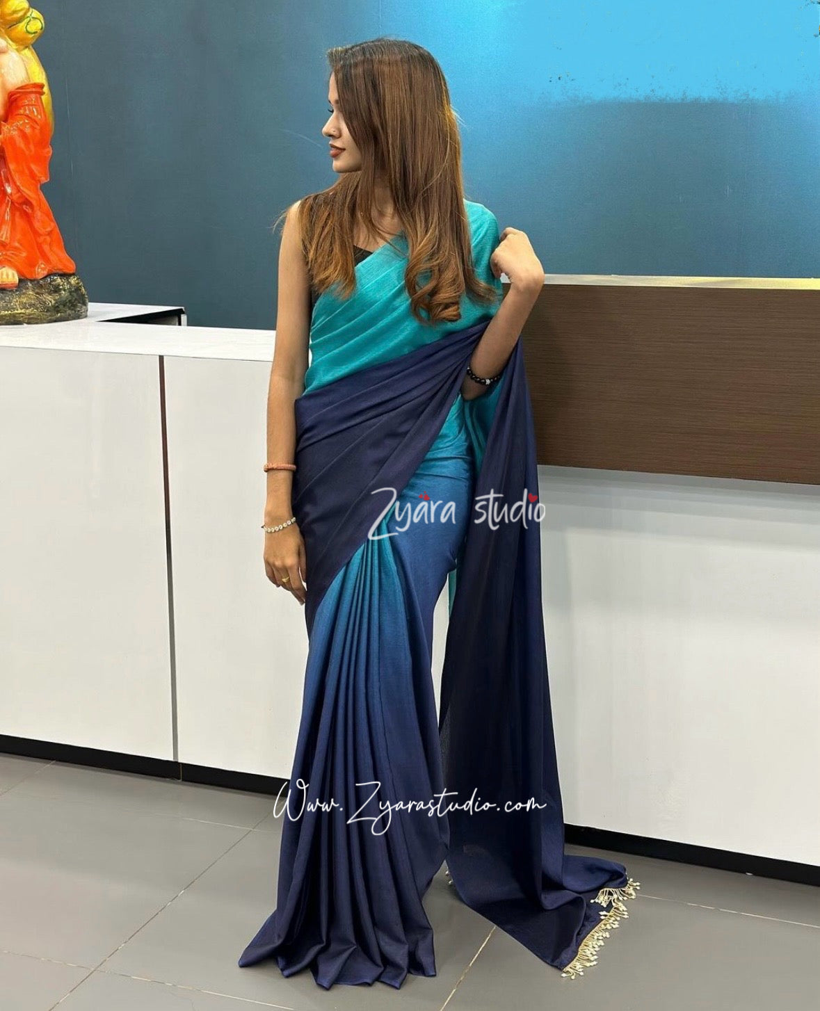 1-min ready to wear  Hedge Ombré Navy Blue georgette Silk Saree with Handmade Tassels on Pallu