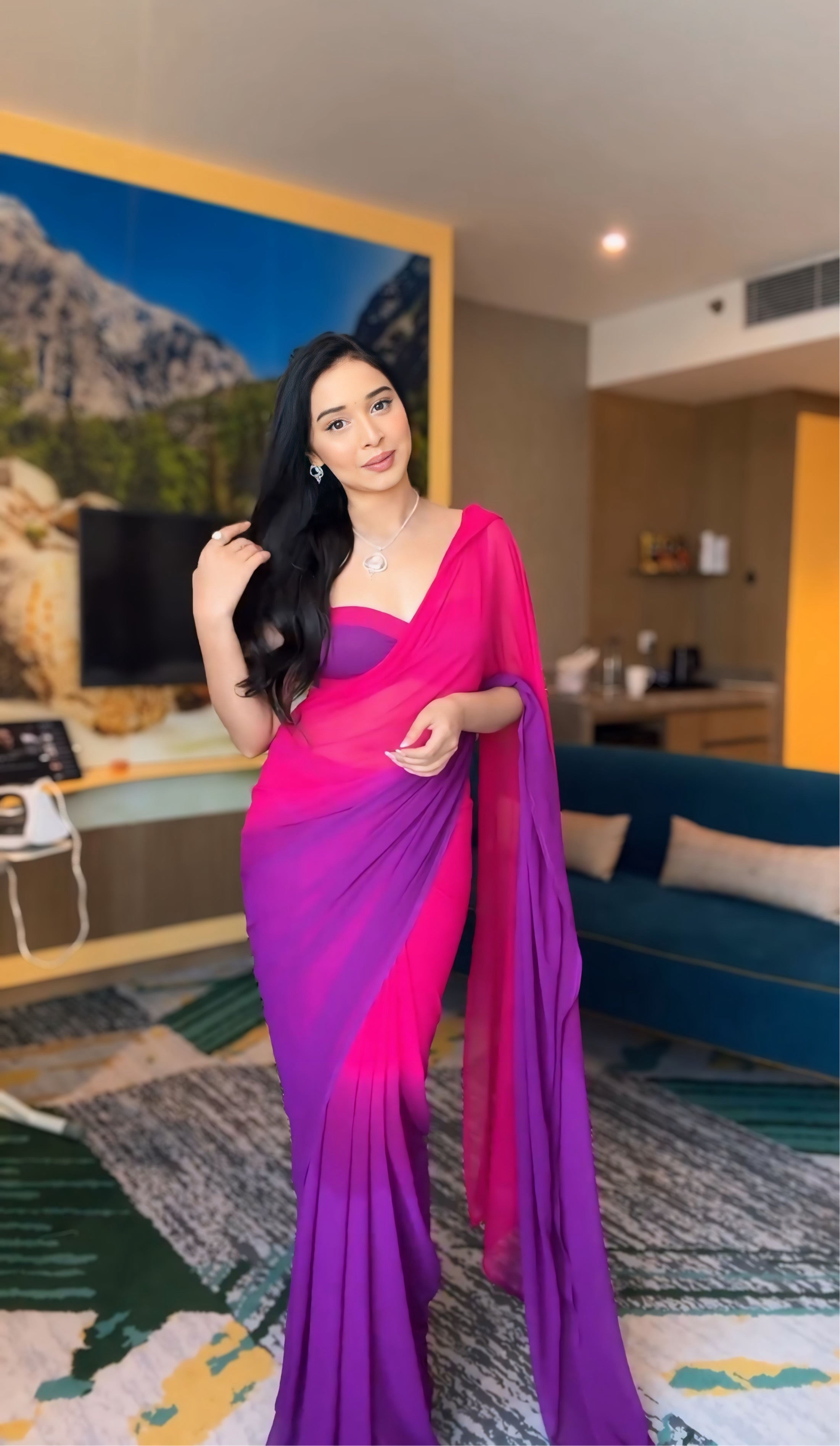 violet Anusha - 1-min ready to wear fox georgette  shade saree with unstitch blouse.