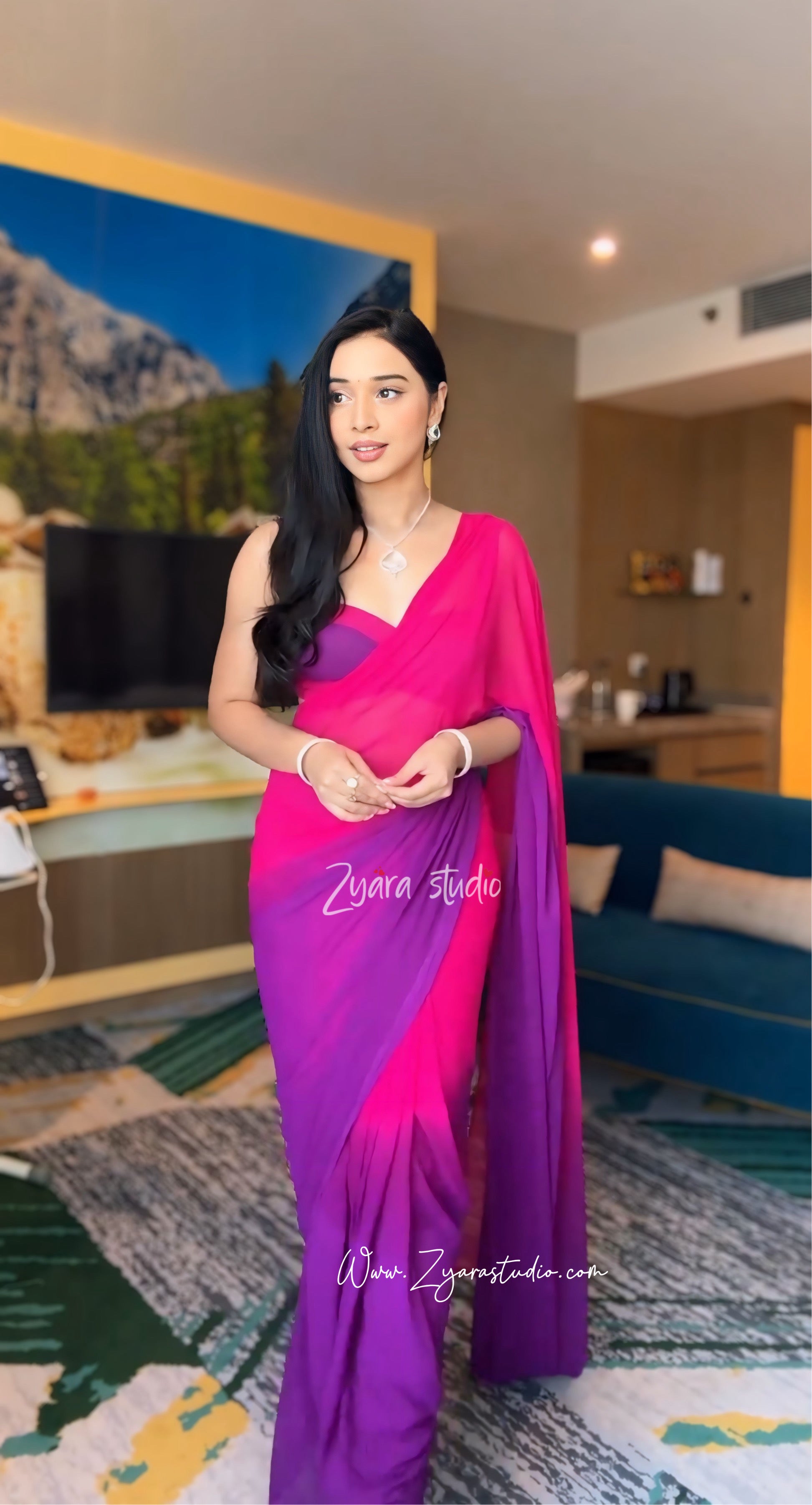 violet Anusha - 1-min ready to wear fox georgette  shade saree with unstitch blouse.