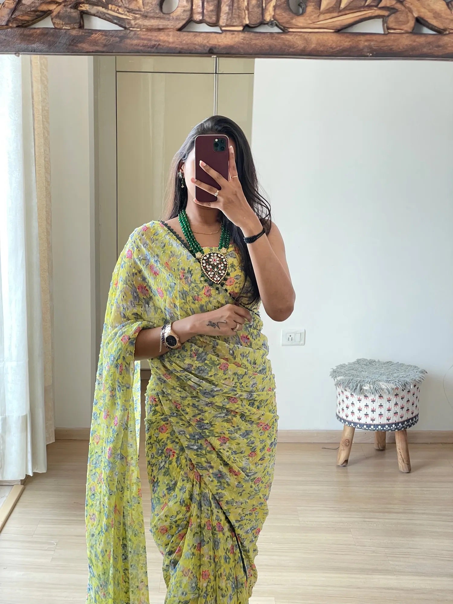 1-Min Ready to Wear 1000 Buti Floral Digital Print Saree with Unstitched Blouse - Yellow Rose