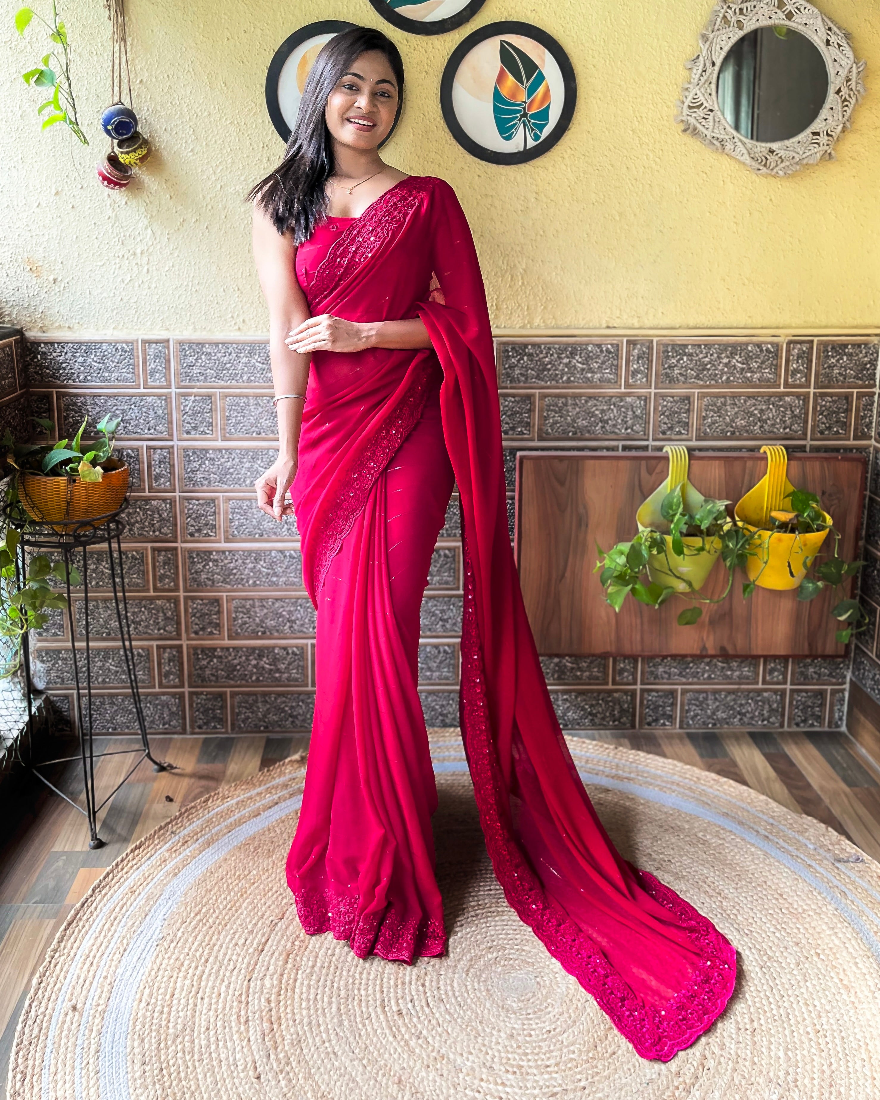 Anisha Pink - Most Beautiful Collection in Georgette Fabric with Sequence Embroidery Work Saree