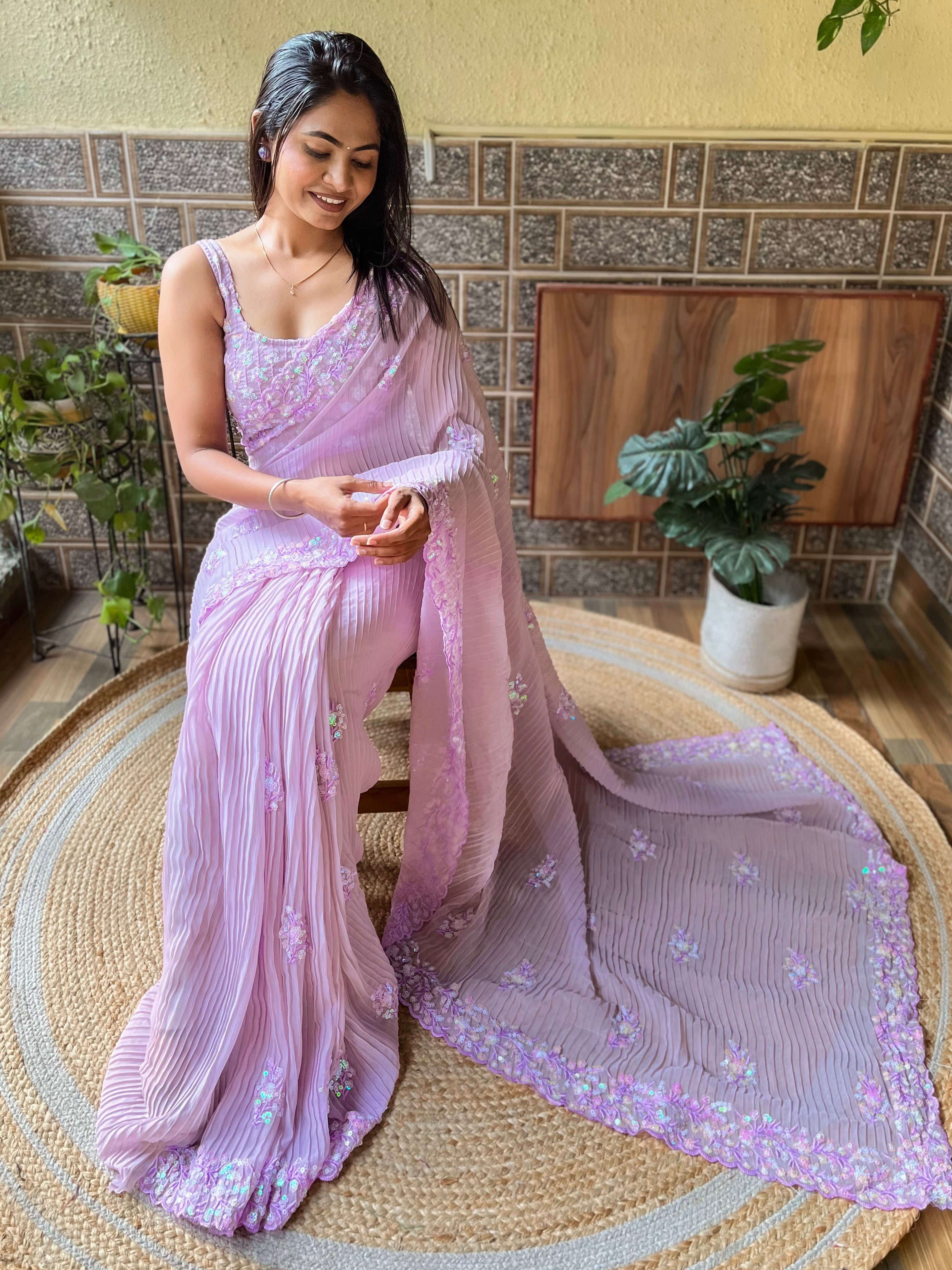 Jasmine Purple - Most Beautiful Saree in Georgette with Crush Pattern Fabric & Sequence Embroidery Work Saree