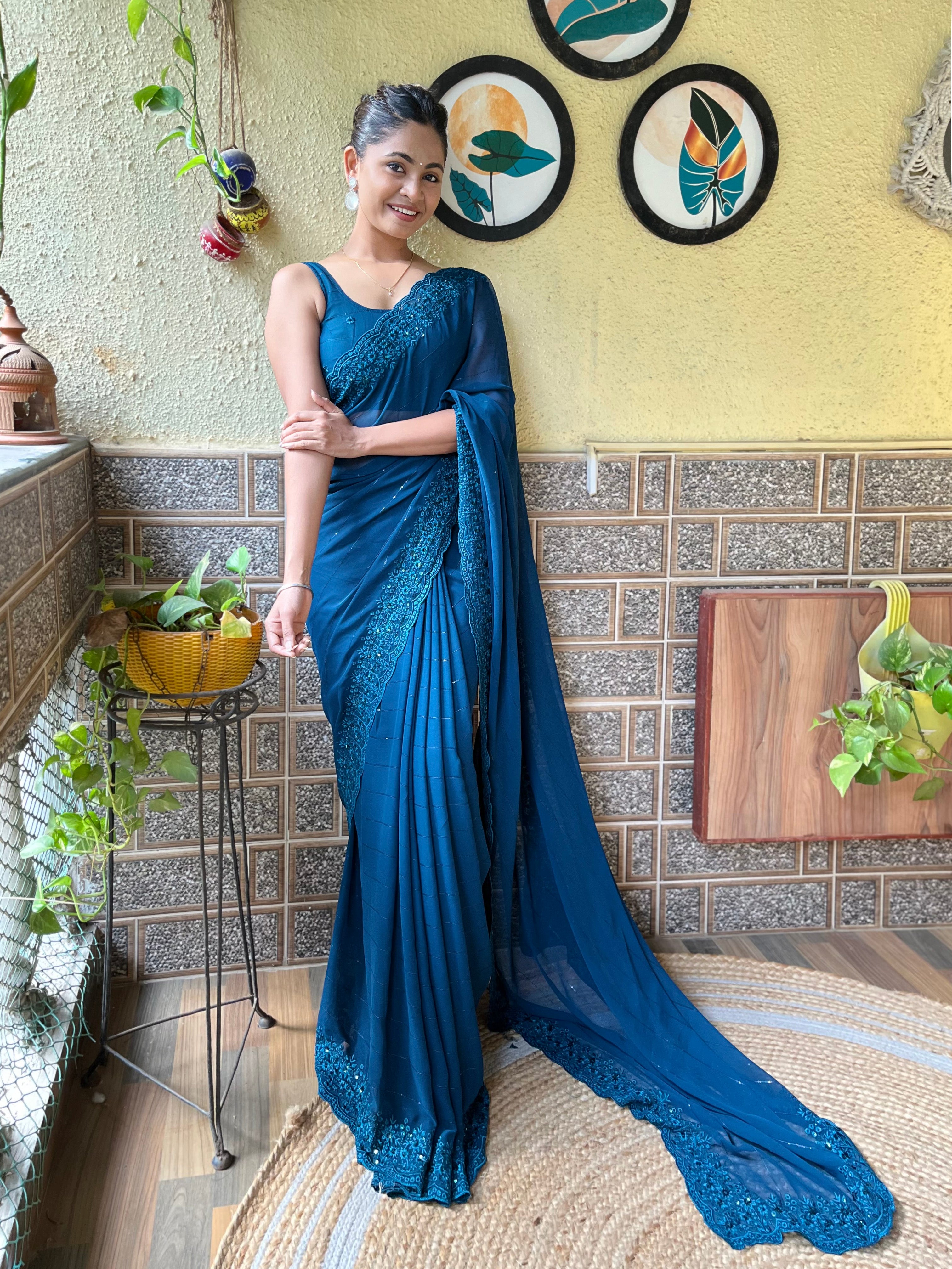 Anisha Blue - Most Beautiful Collection in Georgette Fabric with Sequence Embroidery Work Saree