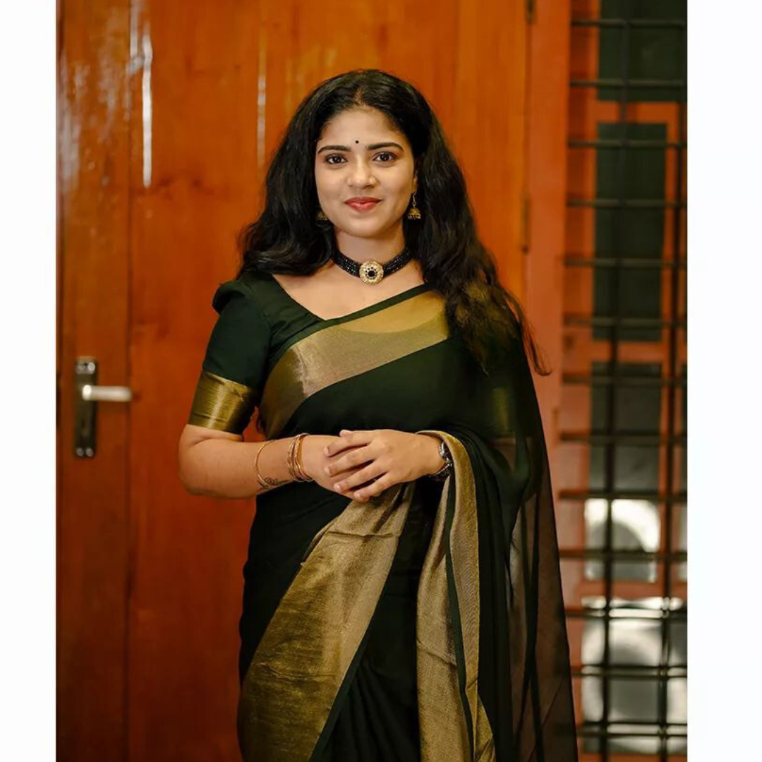 1-min ready to wear chiffon gold zari patta saree with unstitch blouse. 2070 BLACK