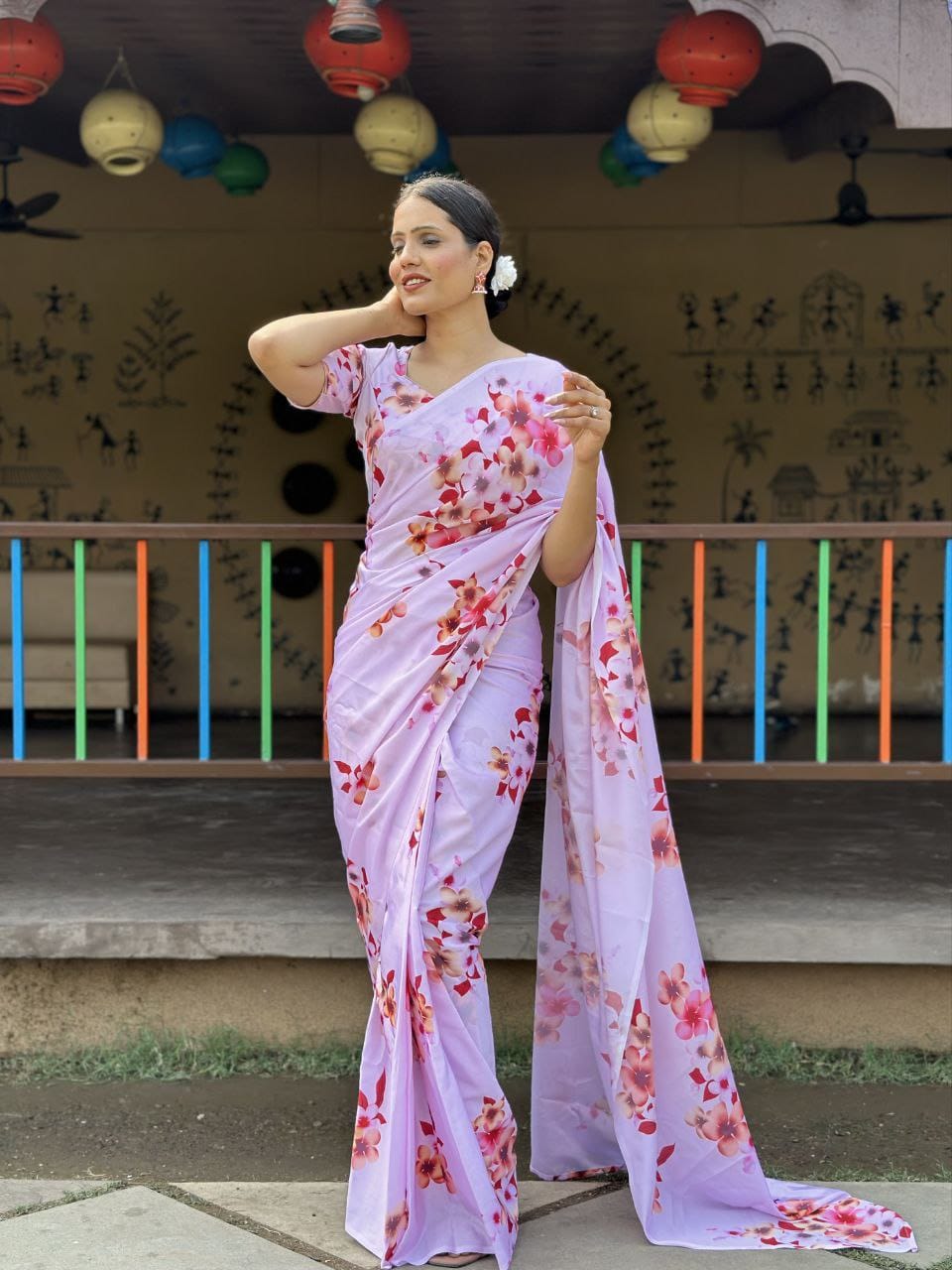 1-min ready to wear floral digital print saree with unstitch blouse Mogra pink