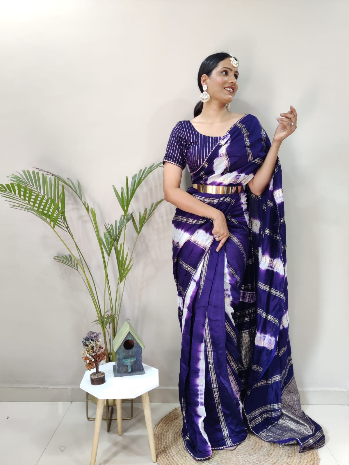 1-min ready to wear nylon viscose chanderi silk saree with unstitch blouse.  TY JQ BLUE