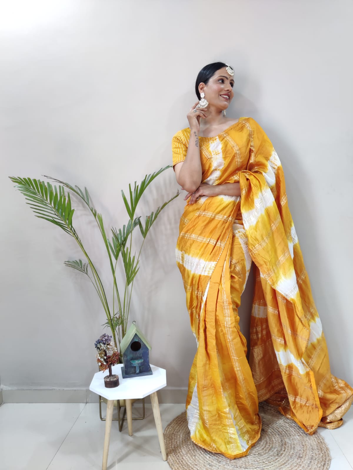 1-min ready to wear nylon viscose chanderi silk saree with unstitch blouse. TY JQ YELLOW