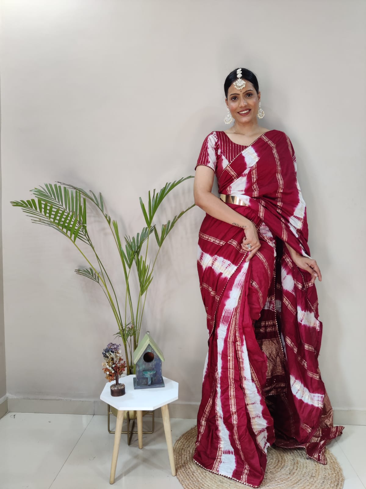 1-min ready to wear nylon viscose chanderi silk saree with unstitch blouse. TY JQ MAROON