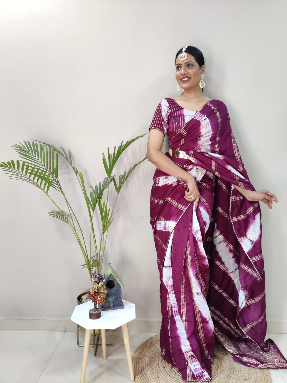 1-min ready to wear nylon viscose chanderi silk saree with unstitch blouse.  TY JQ WINE