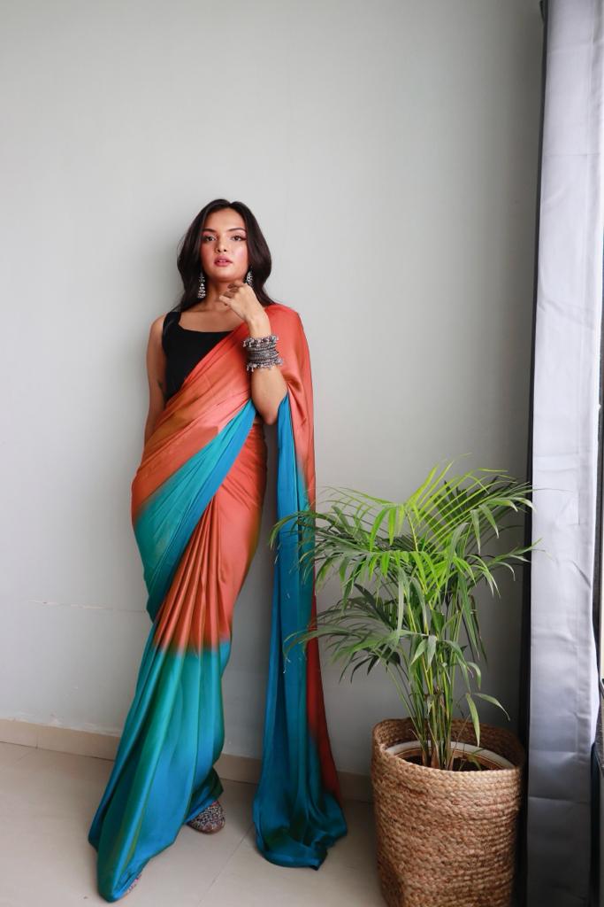 1-Min Ready to Wear Soft Nylon 3D Padding Saree with Unstitched Blouse - Sunset Pallavi