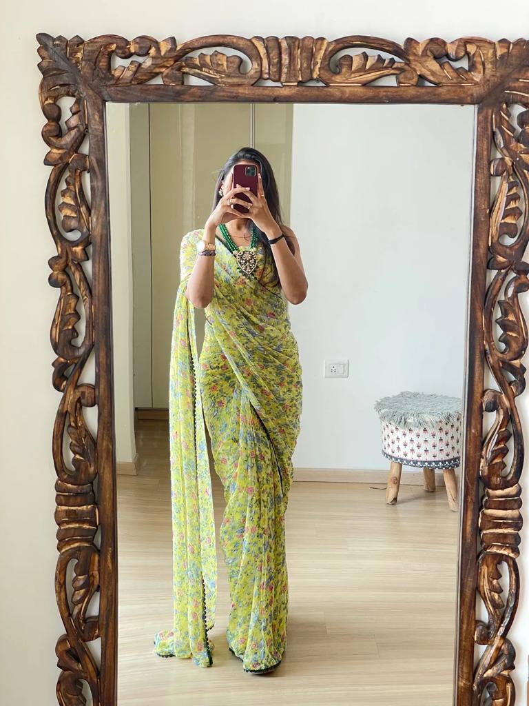 1-Min Ready to Wear 1000 Buti Floral Digital Print Saree with Unstitched Blouse - Yellow Rose