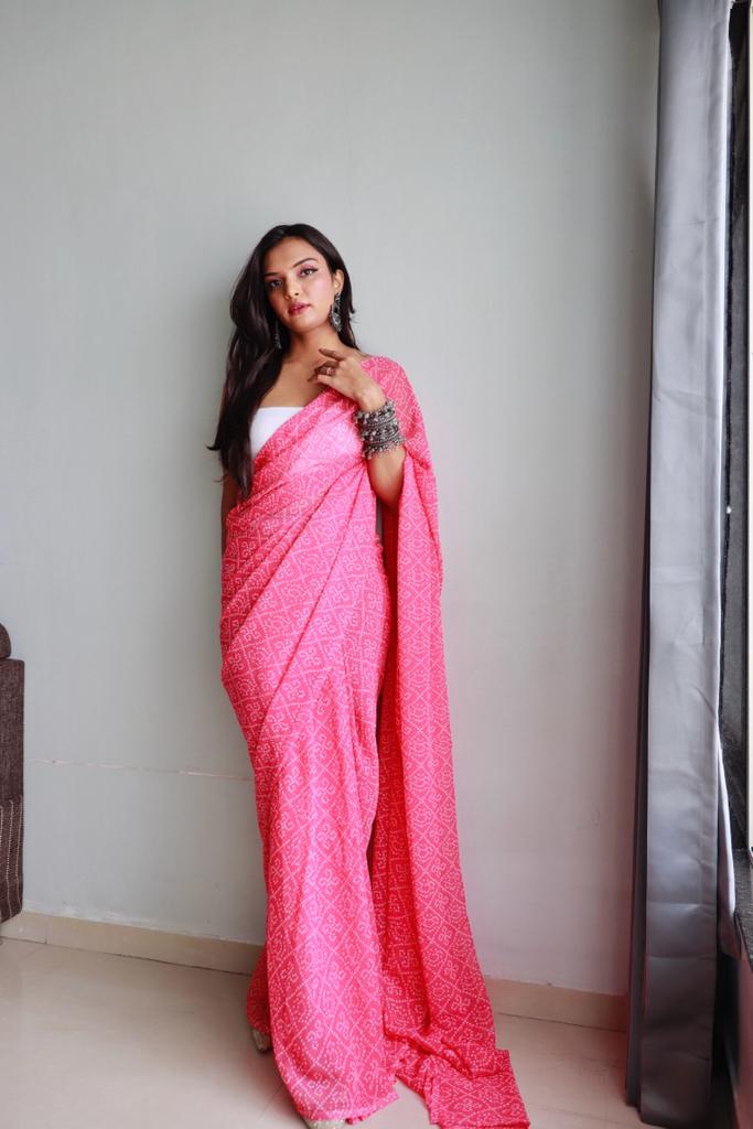 1-min ready to wear fox georgette bhandhani design saree with unstitch blouse.