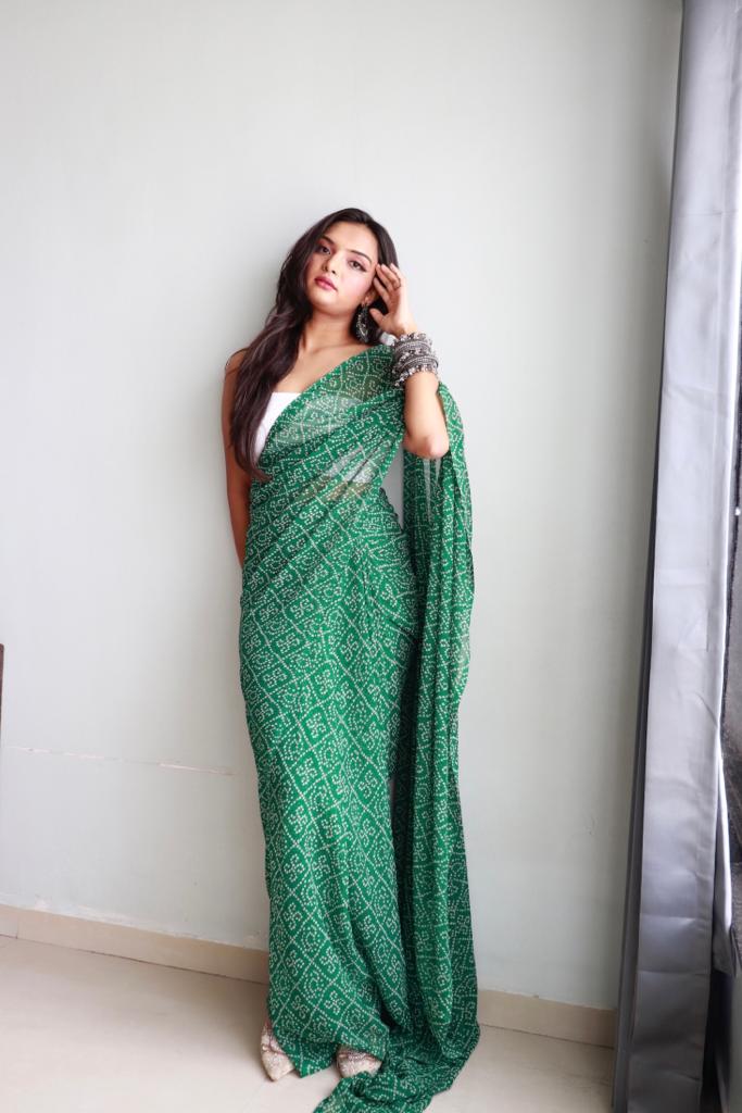 1-min ready to wear fox georgette bhandhani design saree with unstitch blouse. BHADHANI GREEN