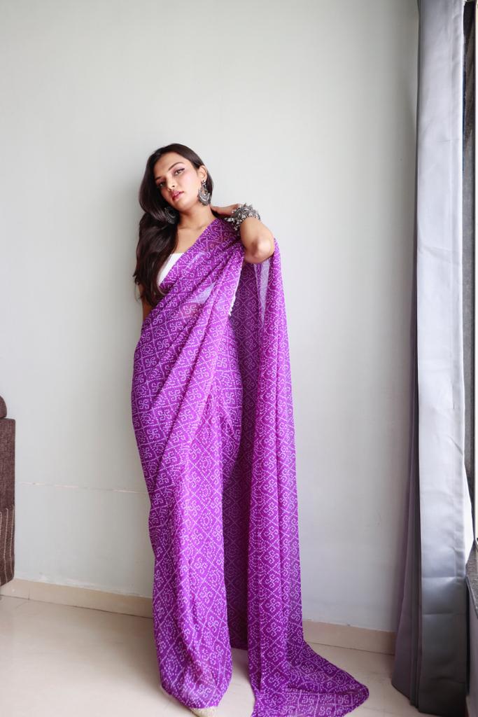 1-min ready to wear fox georgette bhandhani design saree with unstitch blouse. BHANDHANI PURPLE