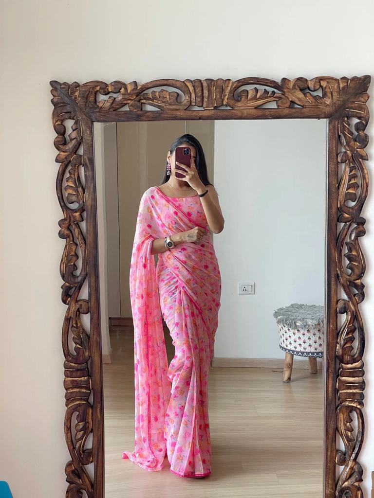 1-Min ready to wear fox georgette floral digital print saree with unstitch blouse. Pink Floral